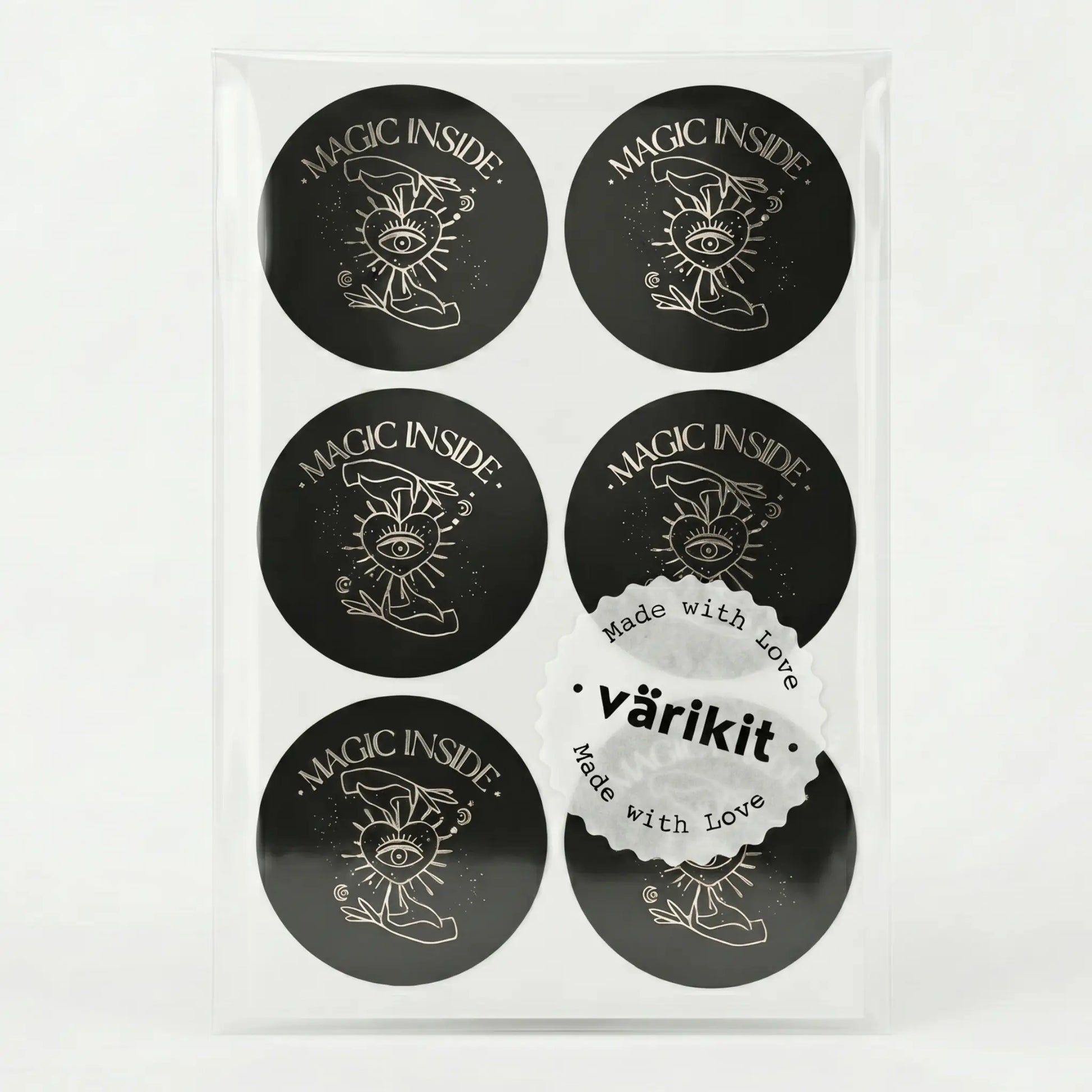 Small business magic inside sticker featuring celestial hand and eye design