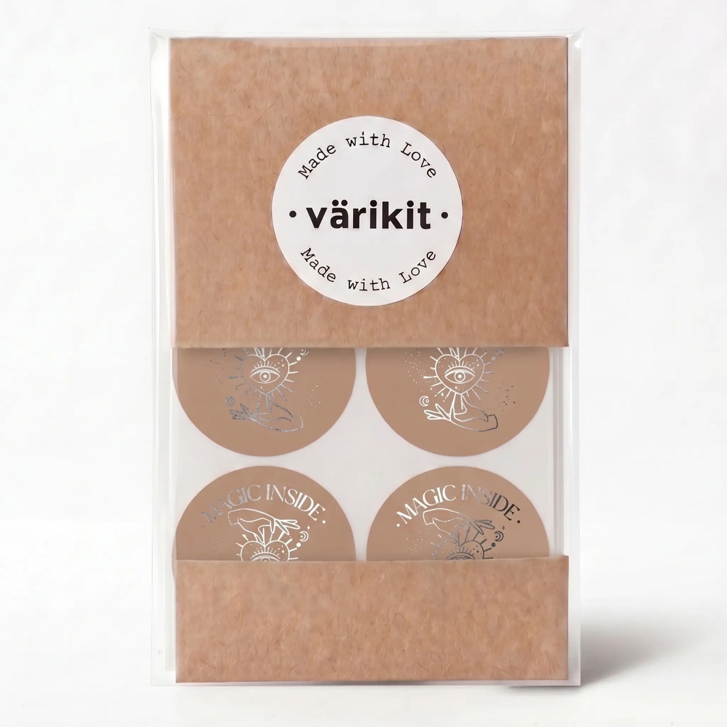 Magic inside sticker with celestial hand and eye design in brown and silver foil
