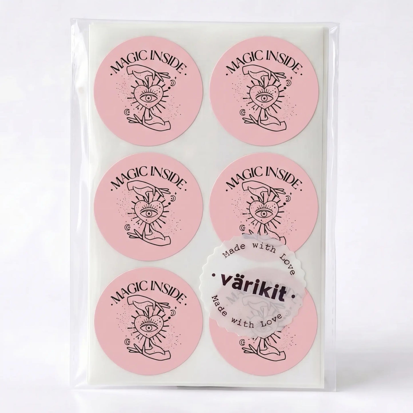Celestial hand and eye magic inside sticker in pink and black