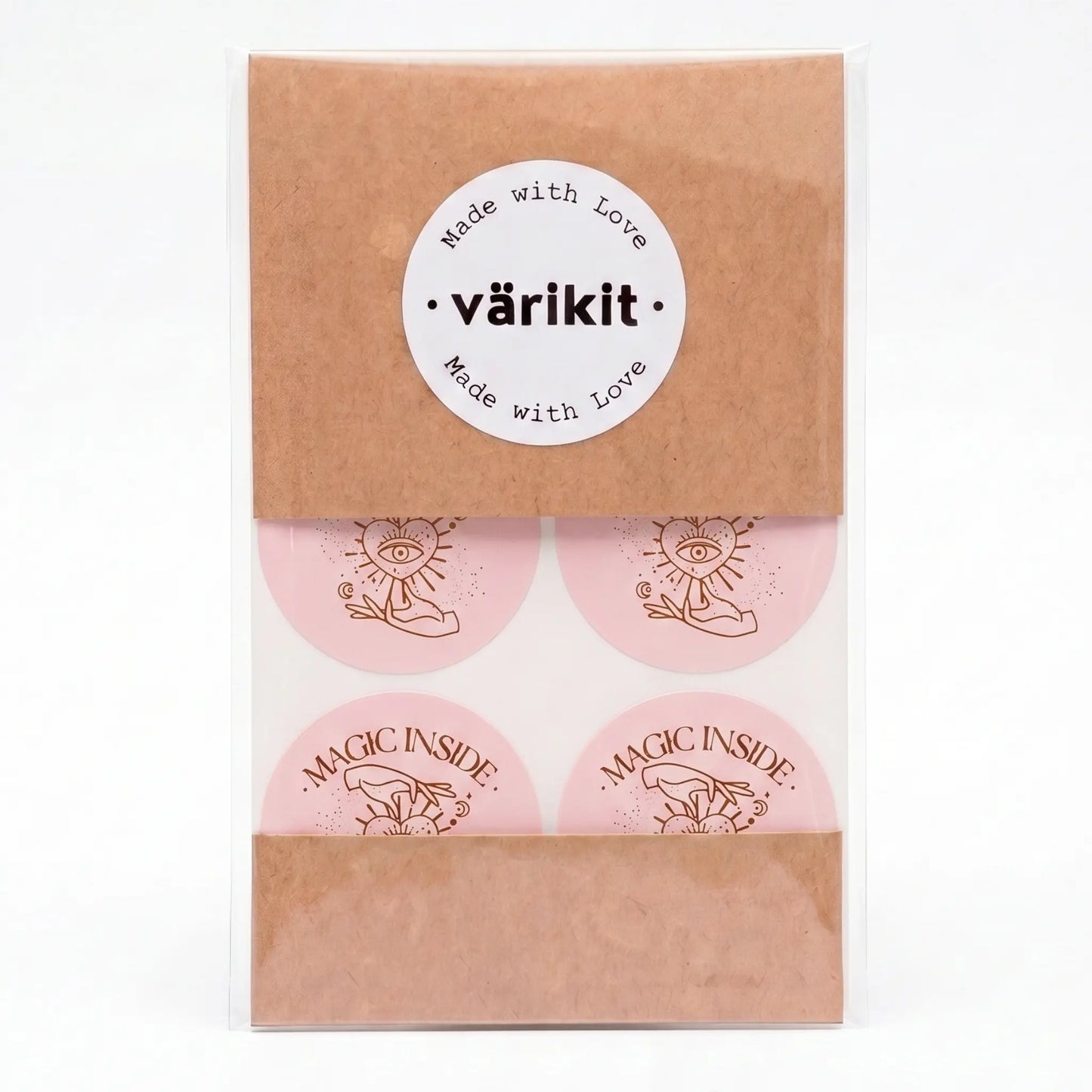 Magic inside sticker with celestial hand and eye design in pink and coffee