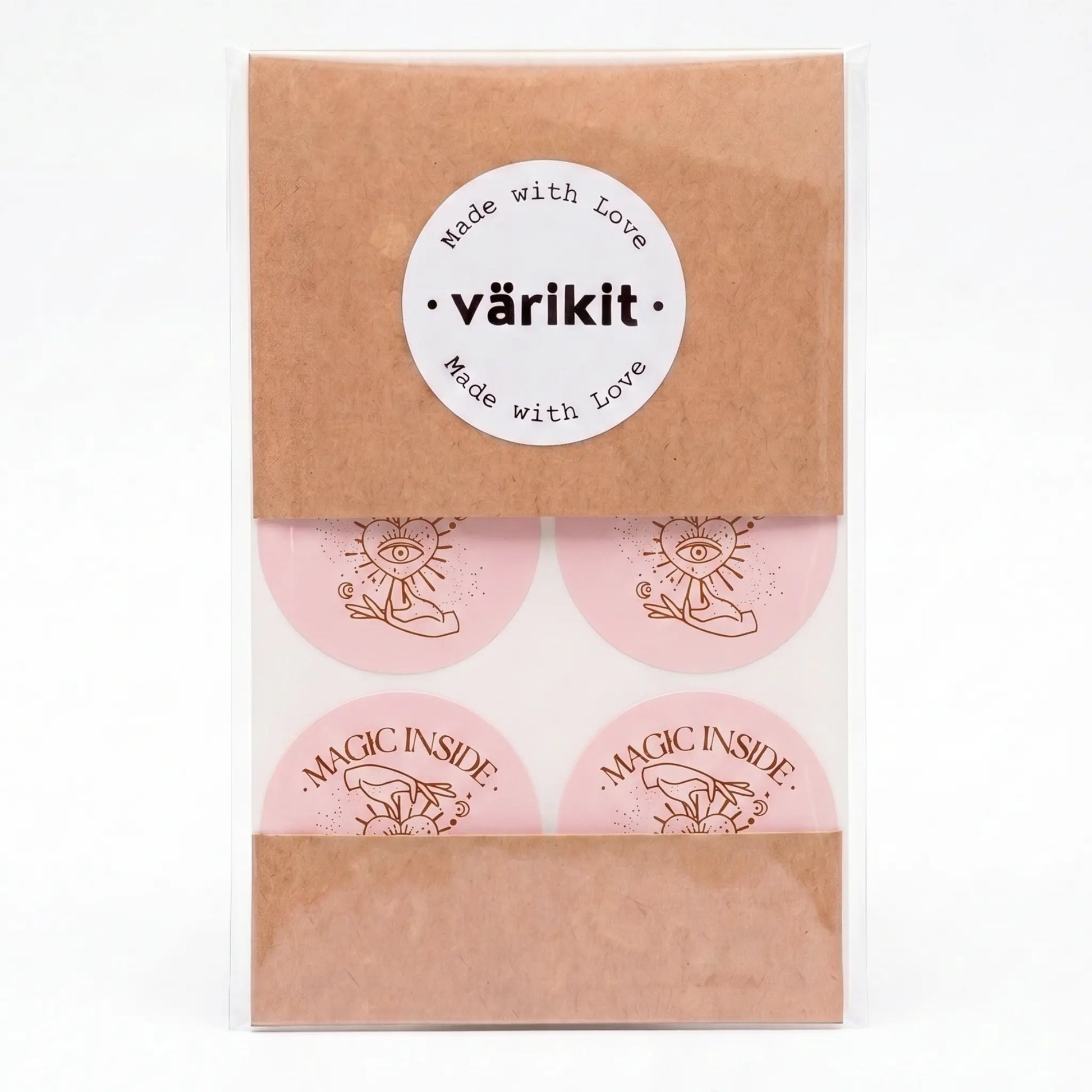 Magic inside sticker with celestial hand and eye design in pink and coffee