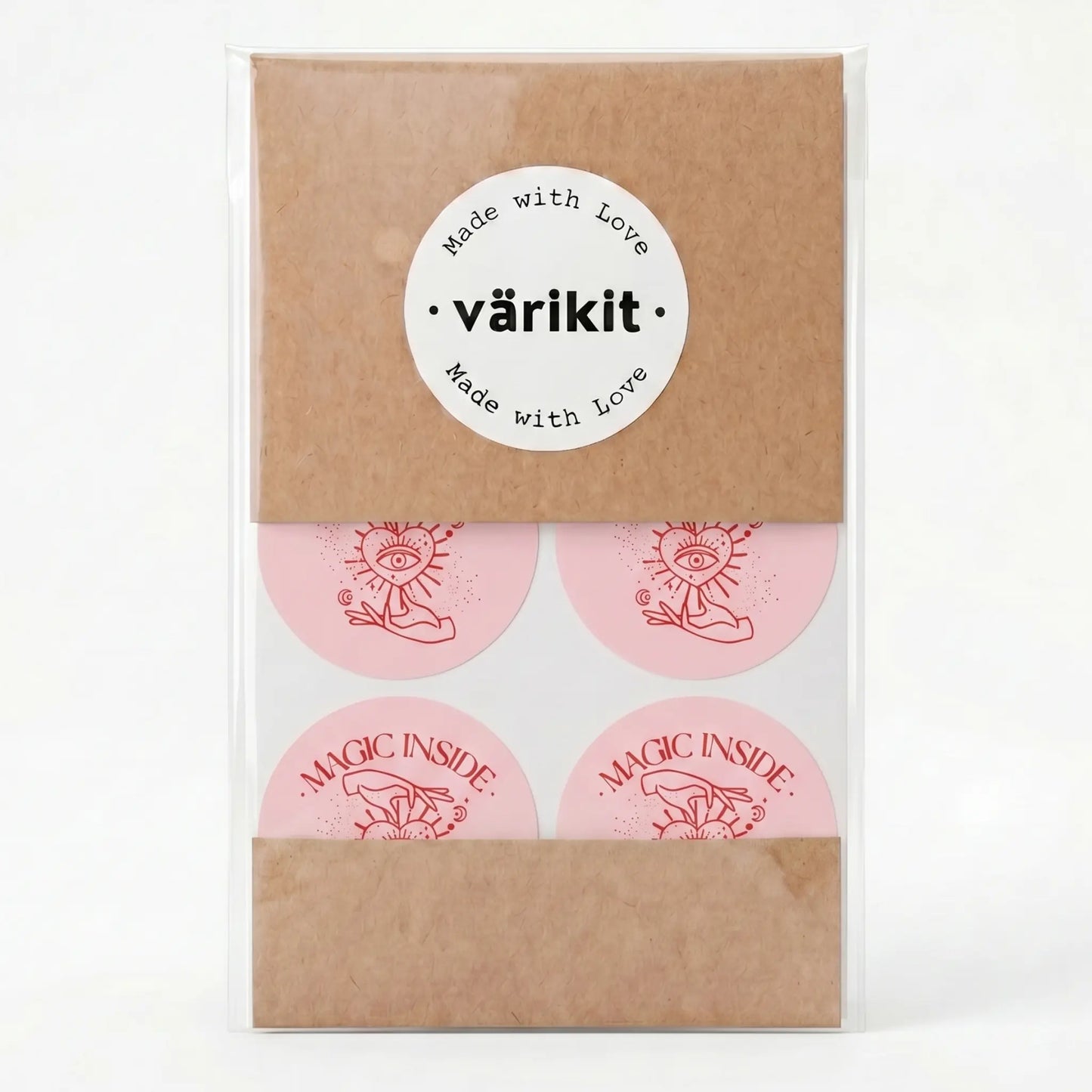 Round magic inside label with celestial hand and eye design