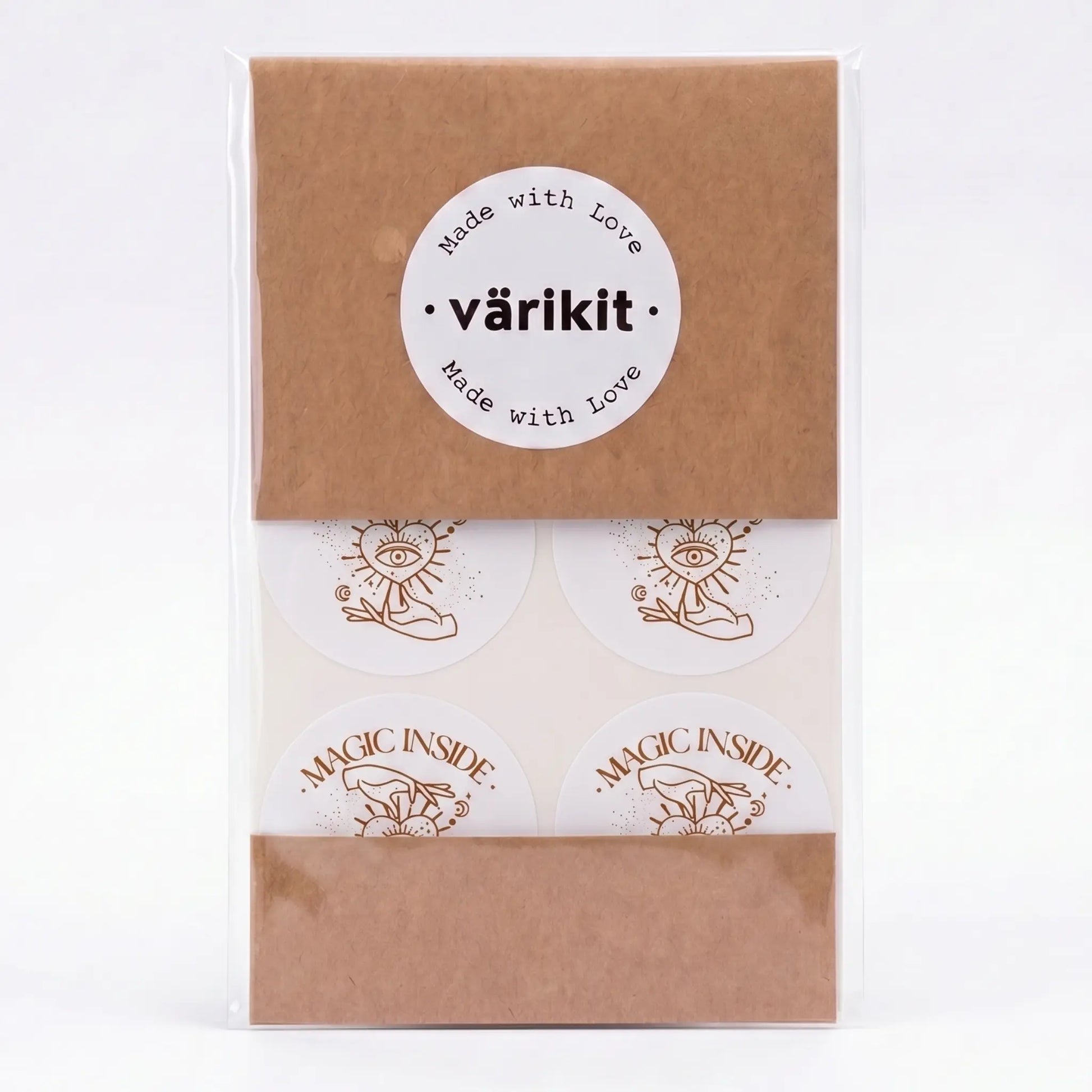 Celestial hand and eye magic inside sticker in white and coffee