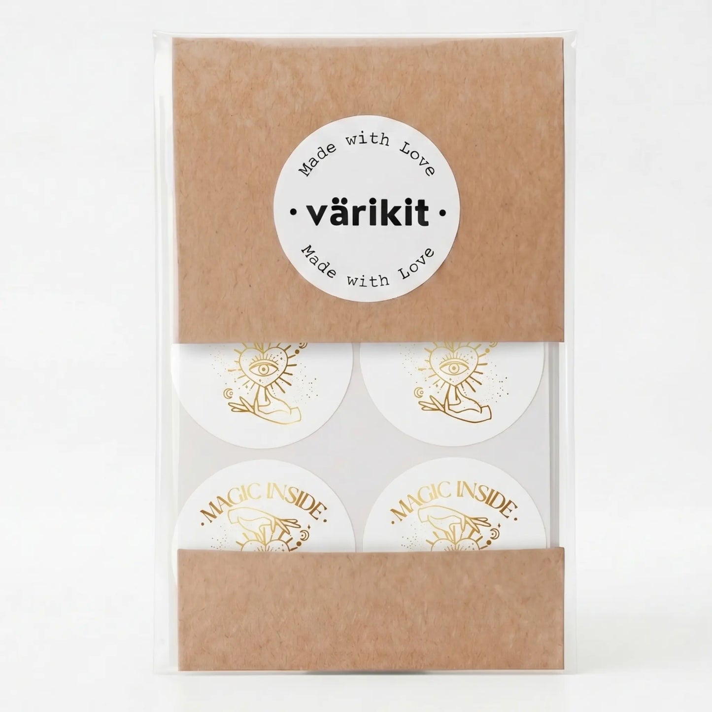 Round magic inside label with celestial hand and eye design
