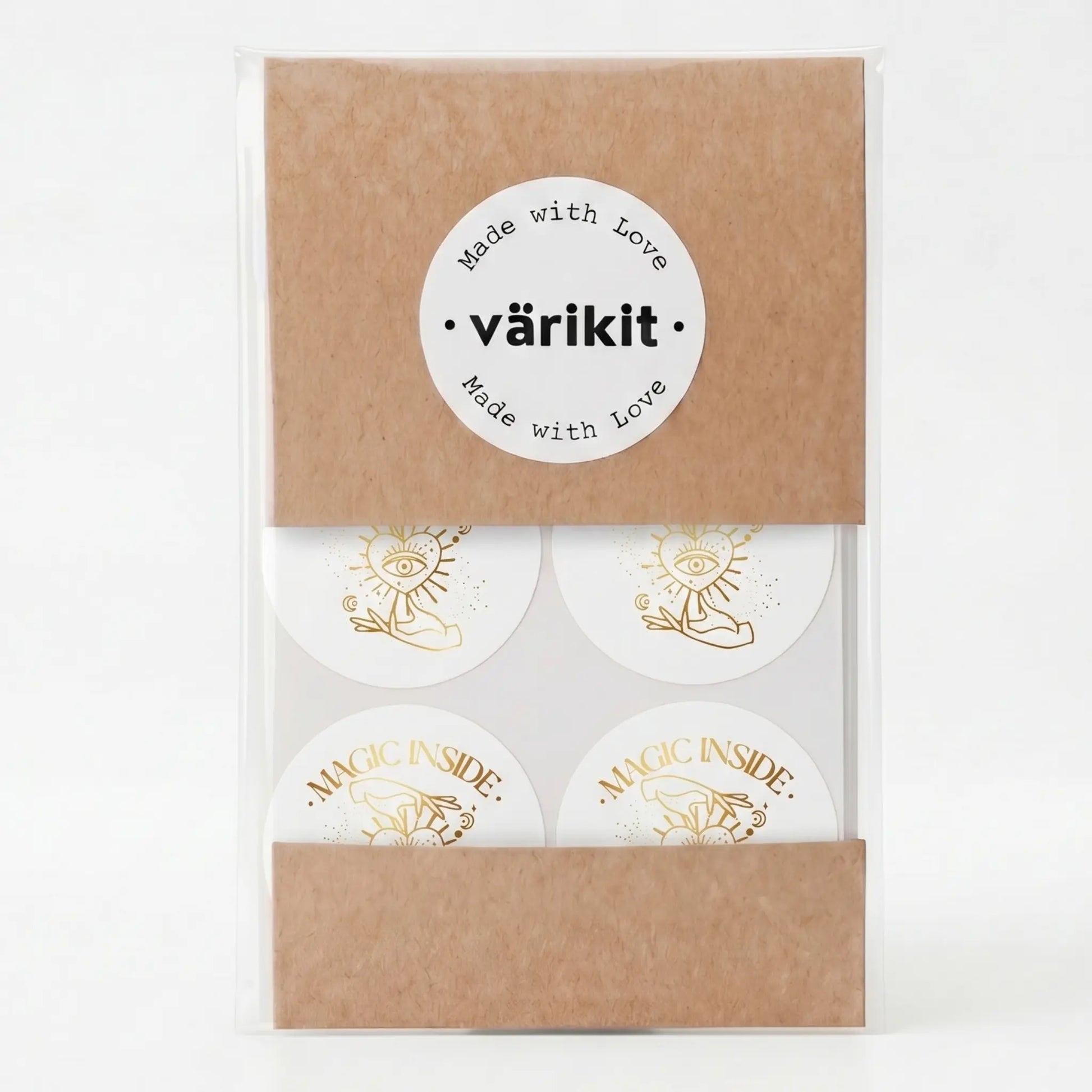Round magic inside label with celestial hand and eye design