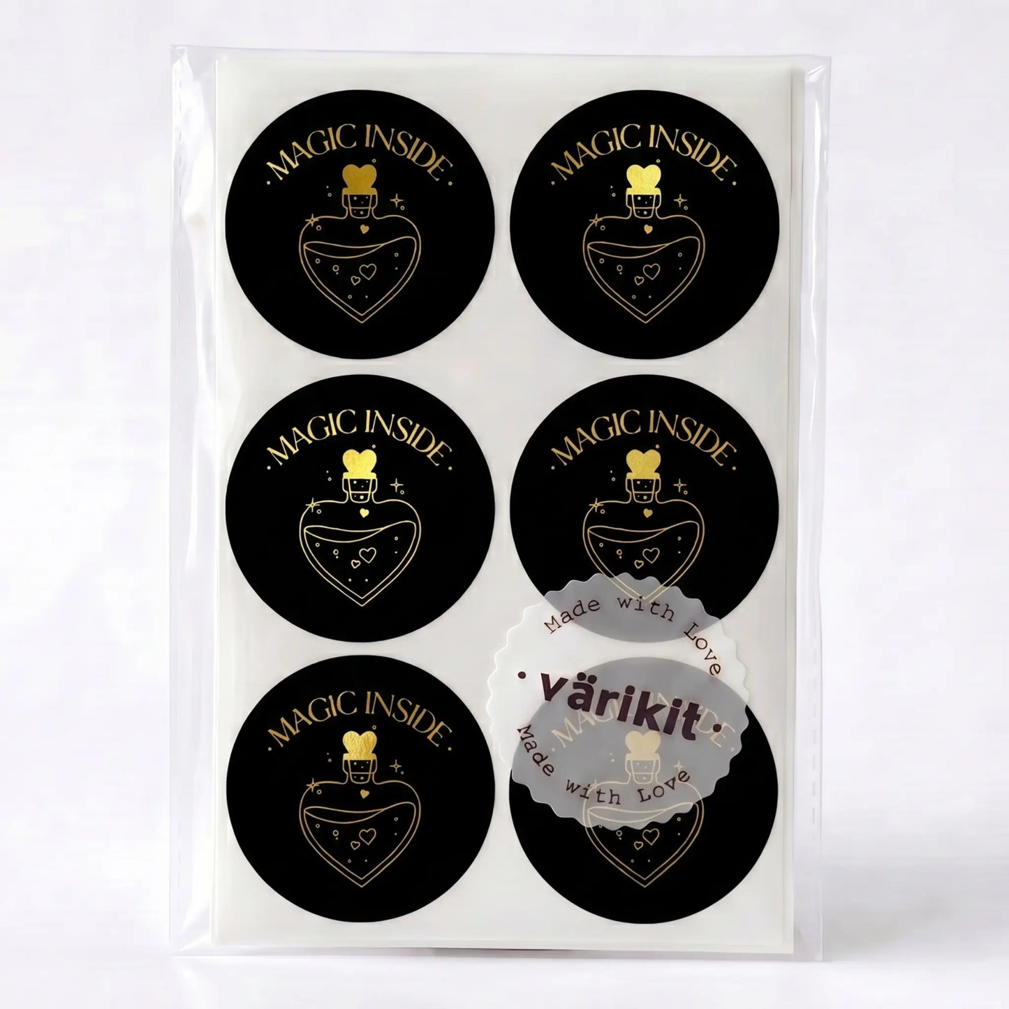 Magic inside sticker with potion bottle celestial design in black and gold foil