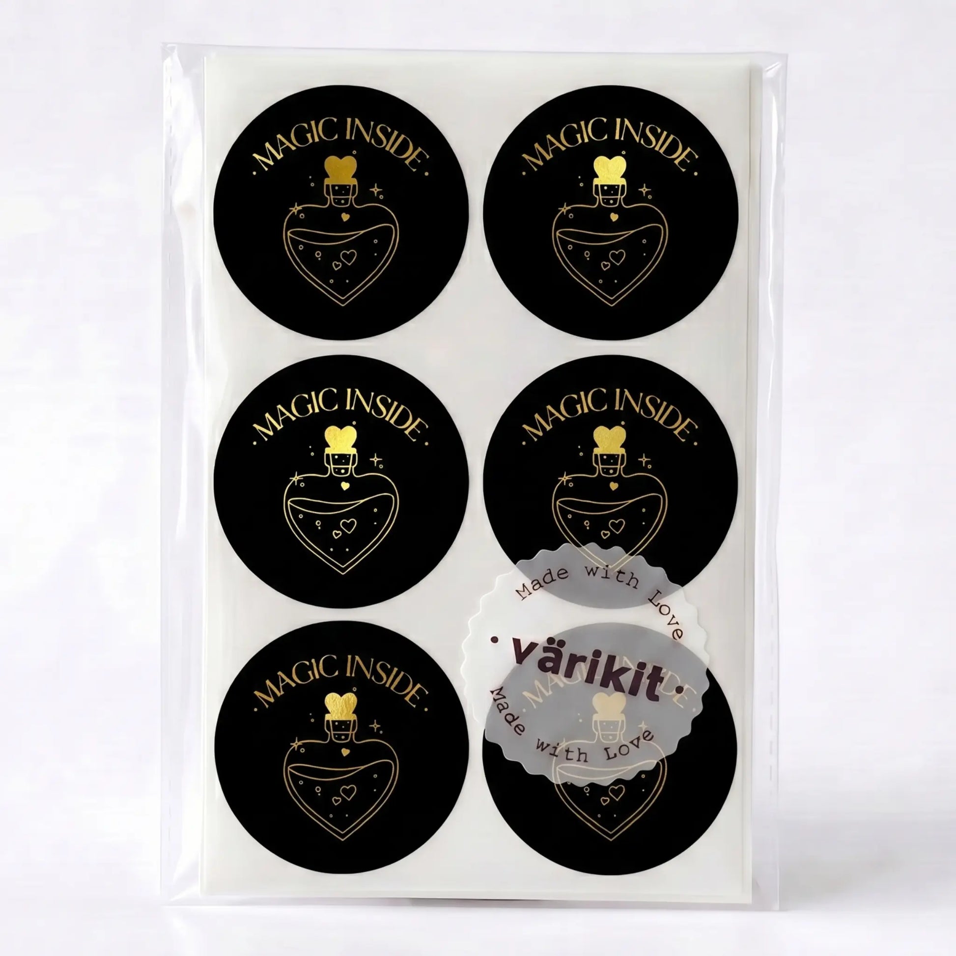 Magic inside sticker with potion bottle celestial design in black and gold foil