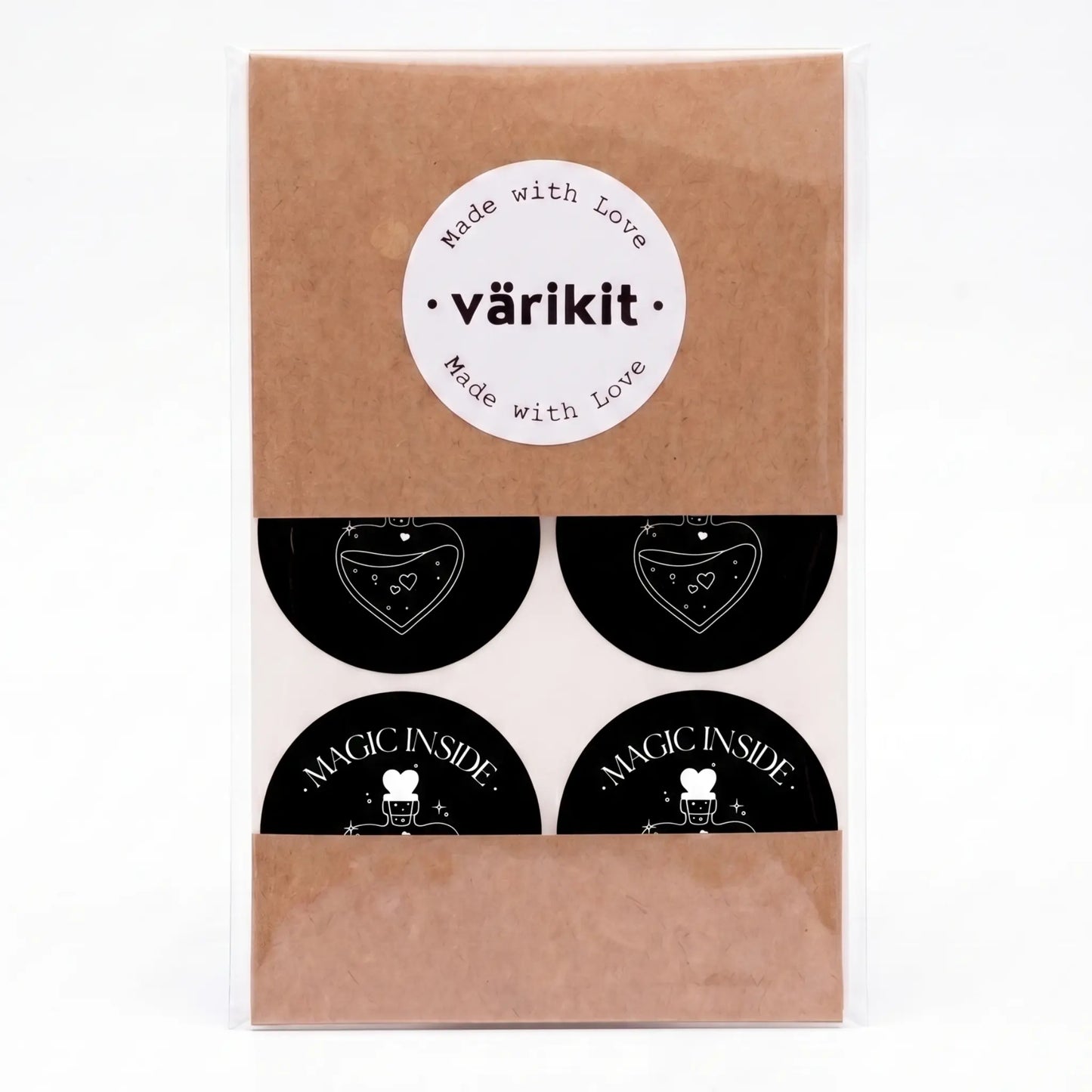 Round magic inside label with potion bottle celestial design