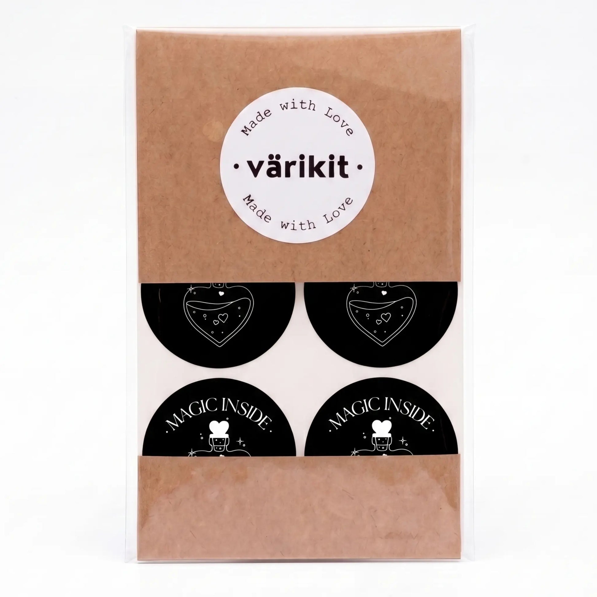 Round magic inside label with potion bottle celestial design