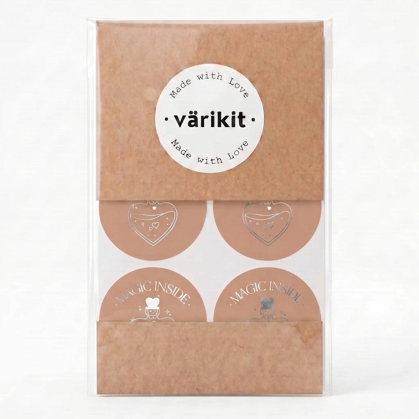Round magic inside label with potion bottle celestial design