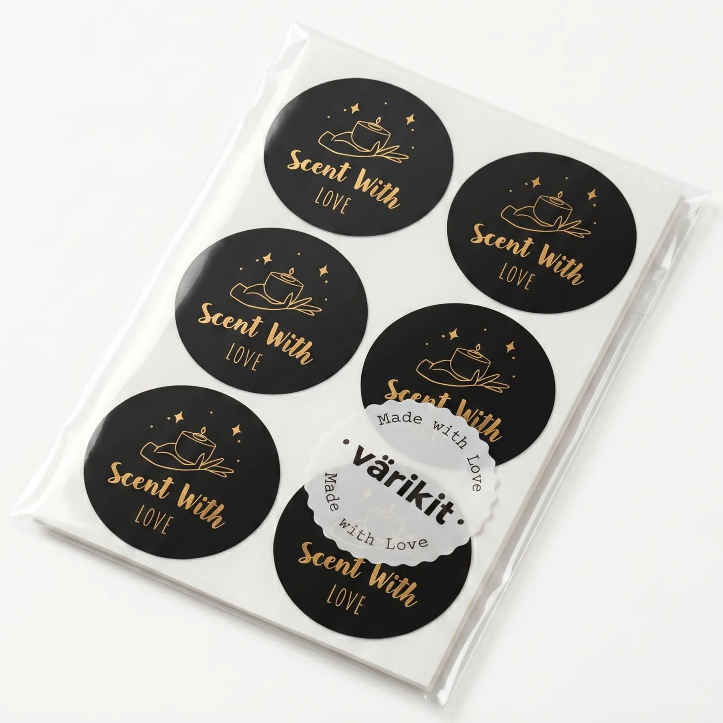 Pack of black stickers with 'Scent With Love' text and a visible Varikit brand logo.
