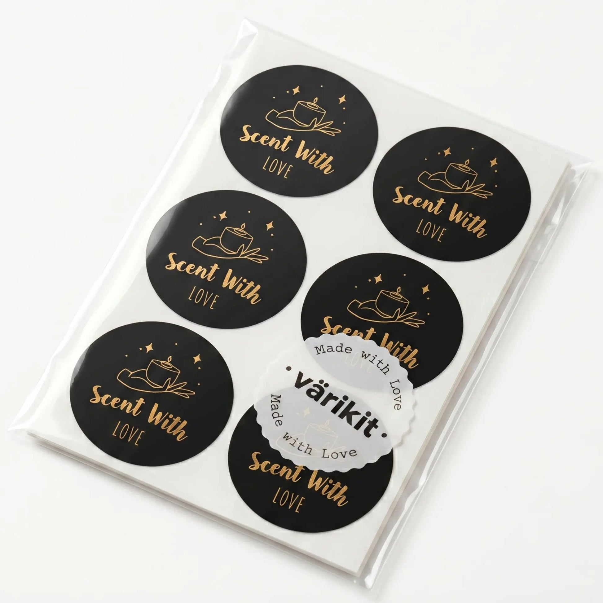 Pack of black stickers with 'Scent With Love' text and a visible Varikit brand logo.