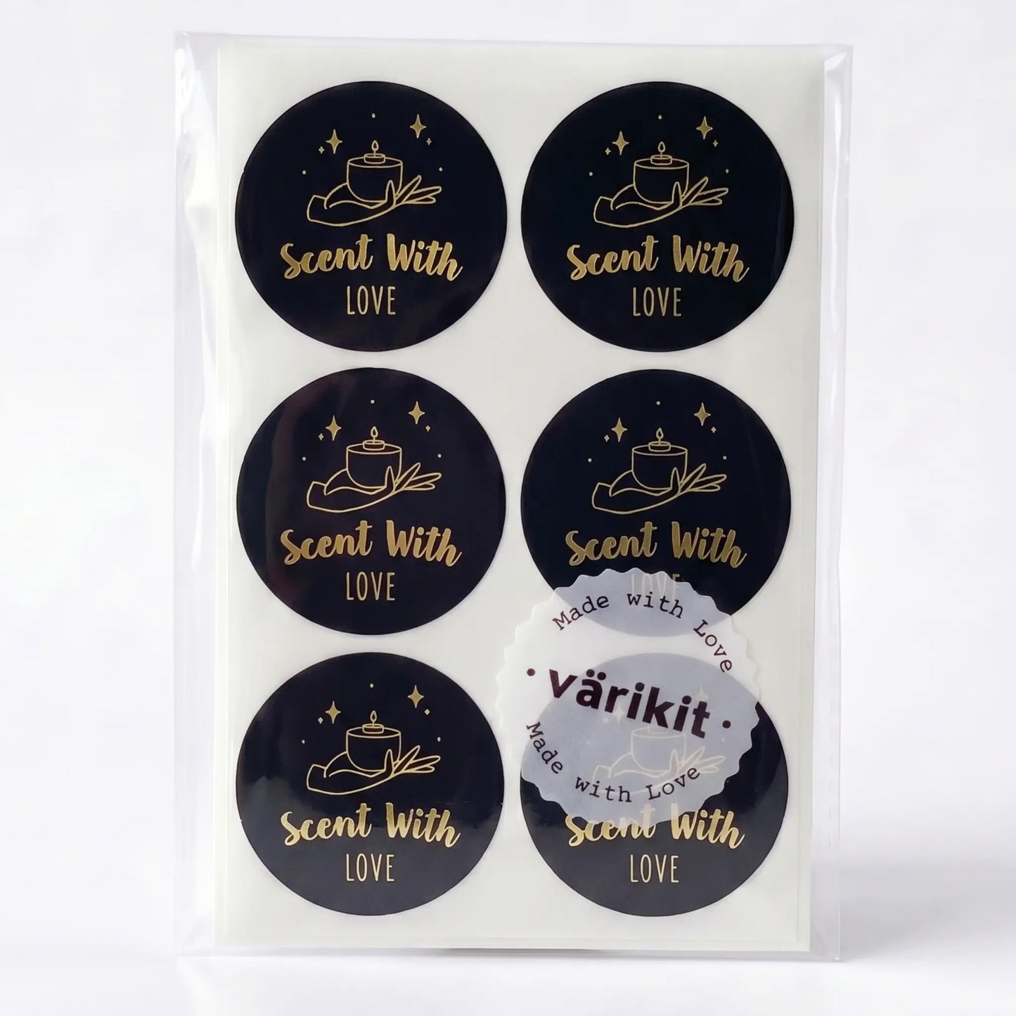 Black and gold foil celestial style scent with love sticker