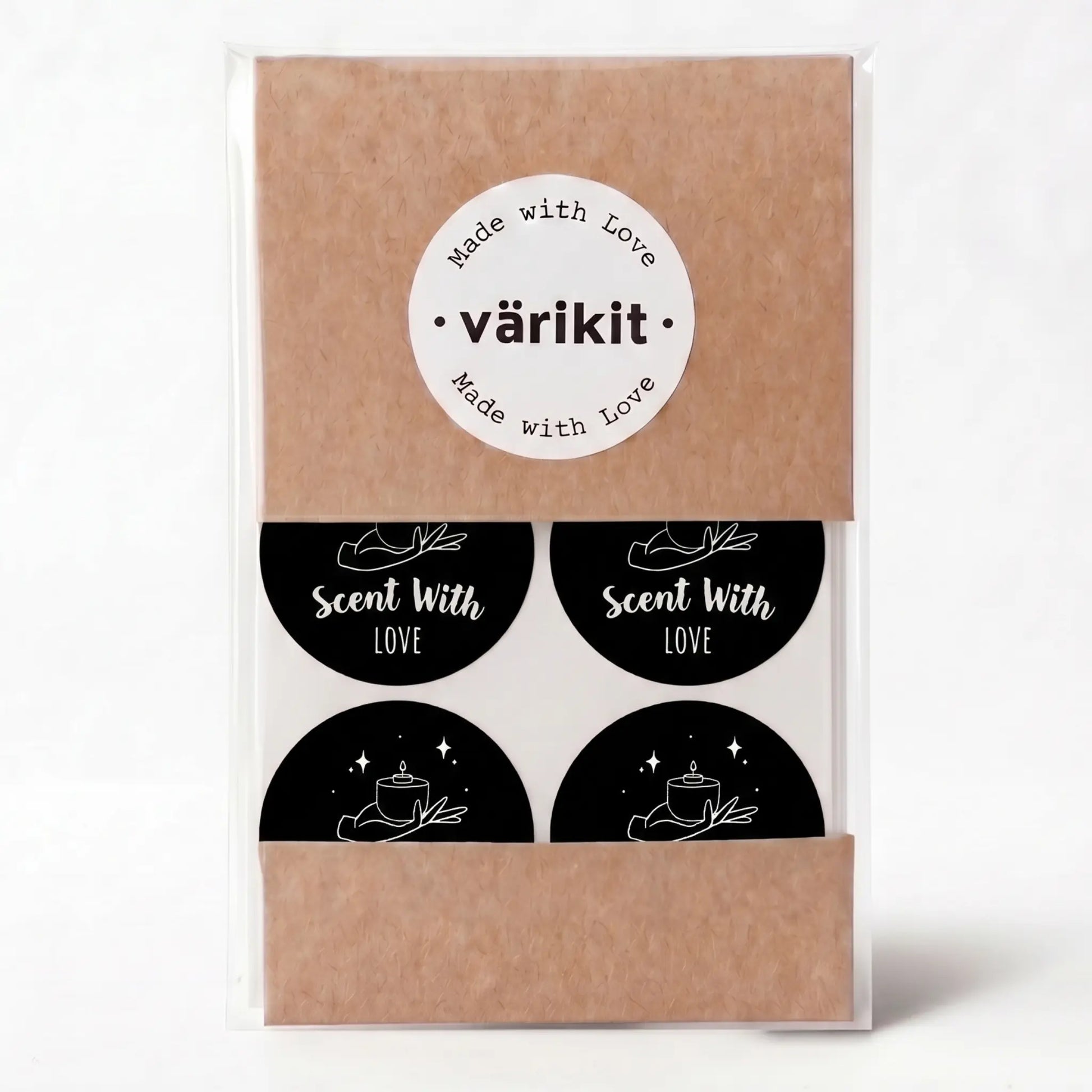 Scent with love sticker with celestial style design in black and silver white