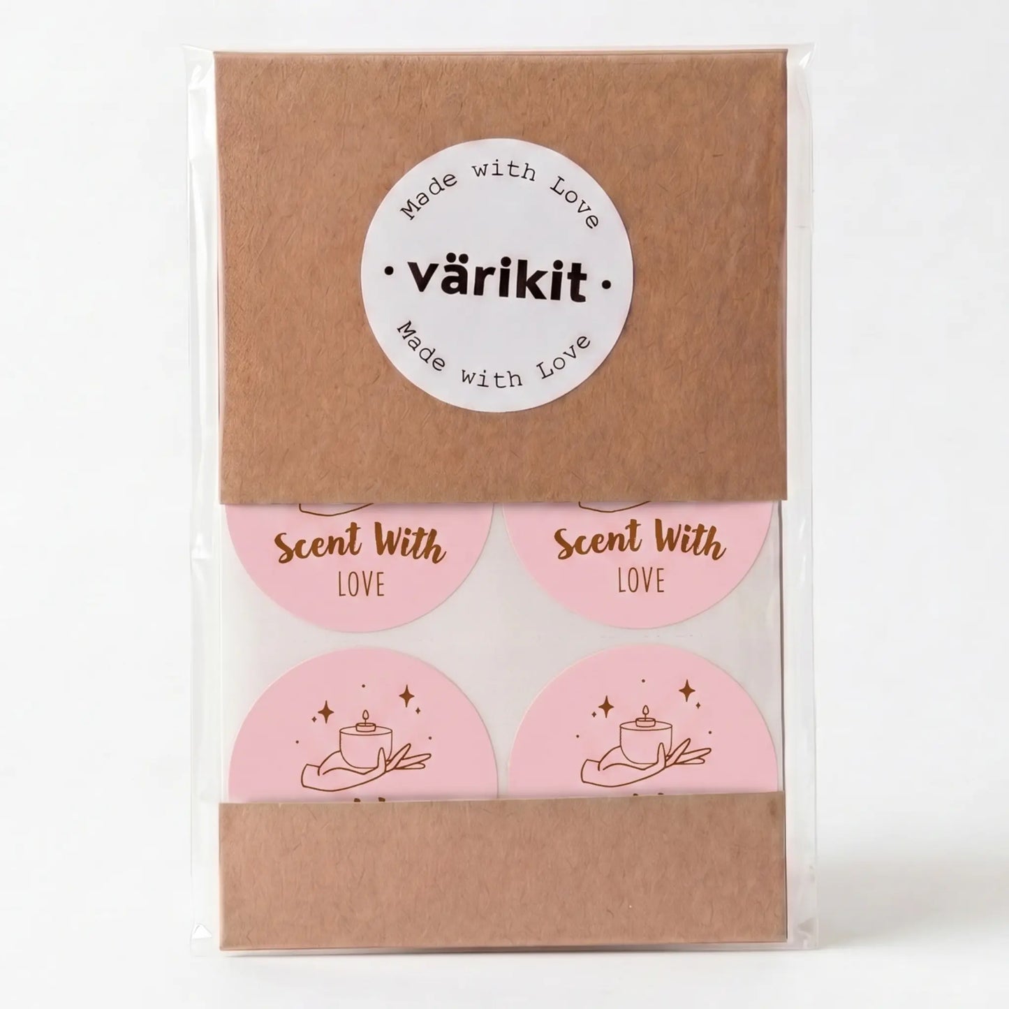 Scent with love sticker with celestial style design in pink and coffee
