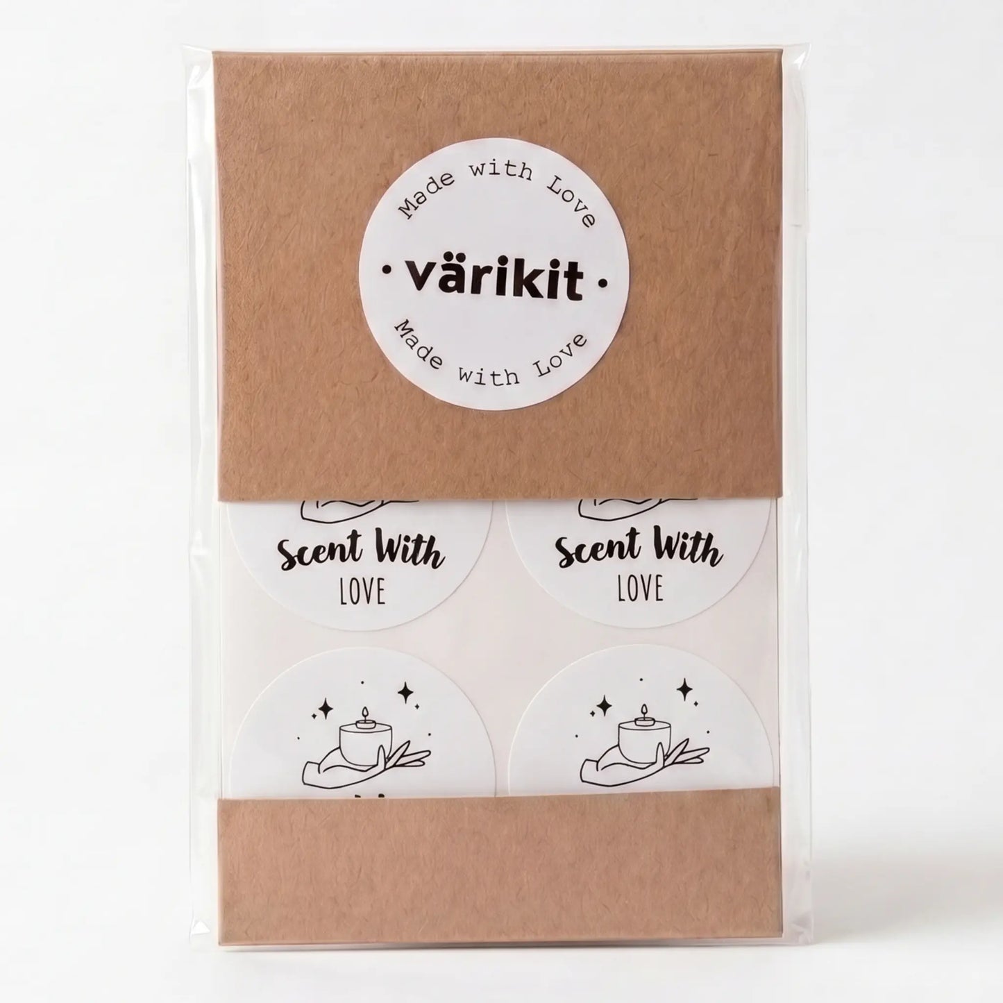 Scent with love sticker with celestial style design in white and black