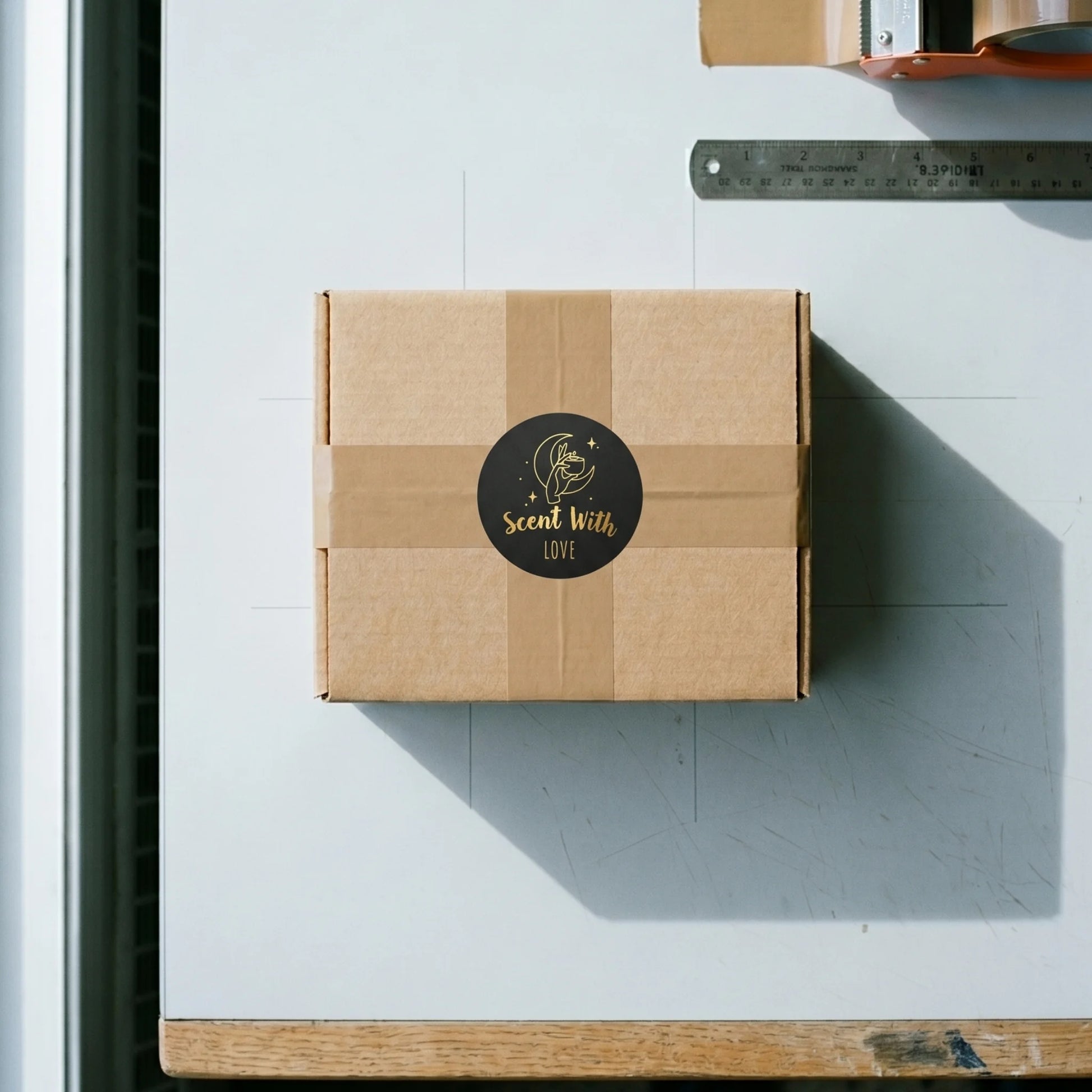 Small brown cardboard shipping box sealed with a Scent With Love Mystic Candle Hand Varikit sticker reading 'Scent with Love' on a white desk.