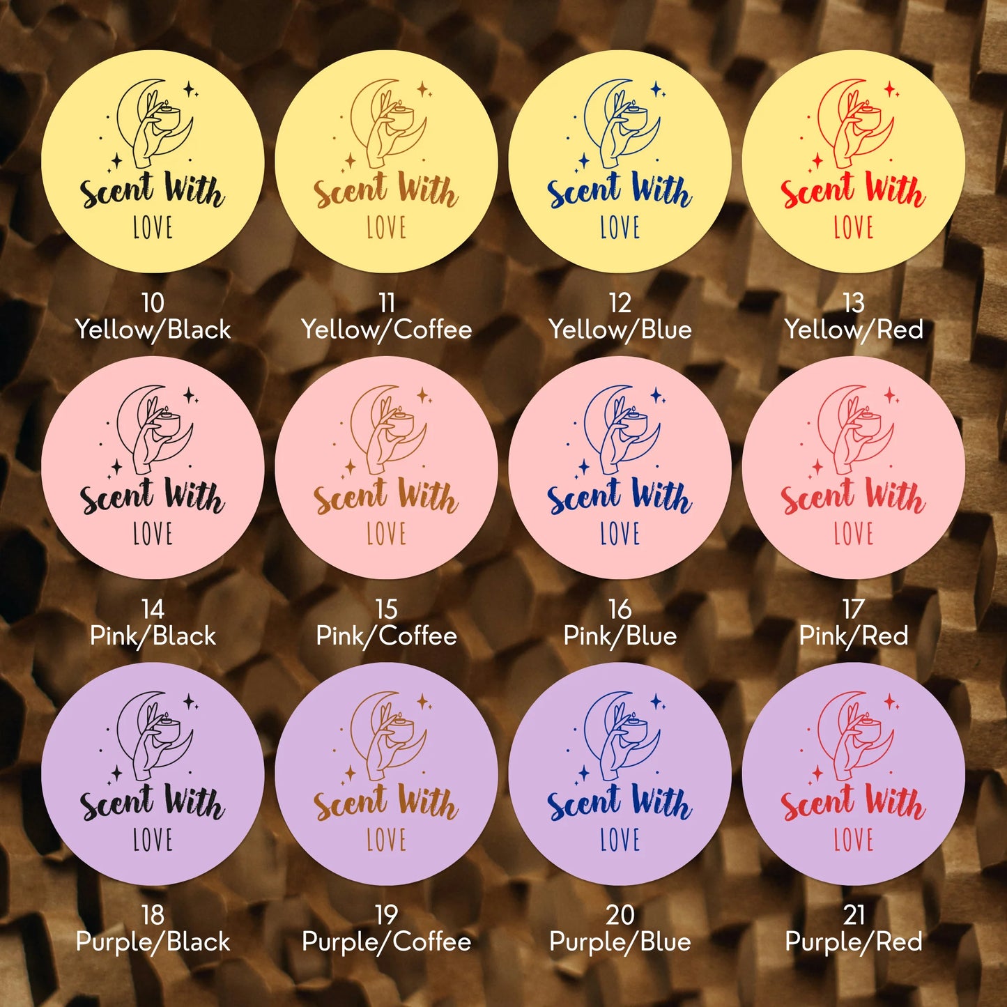 Varikit 2-inch round mystic candle hand 'Scent with Love' sticker in pastel color palette, small business must have