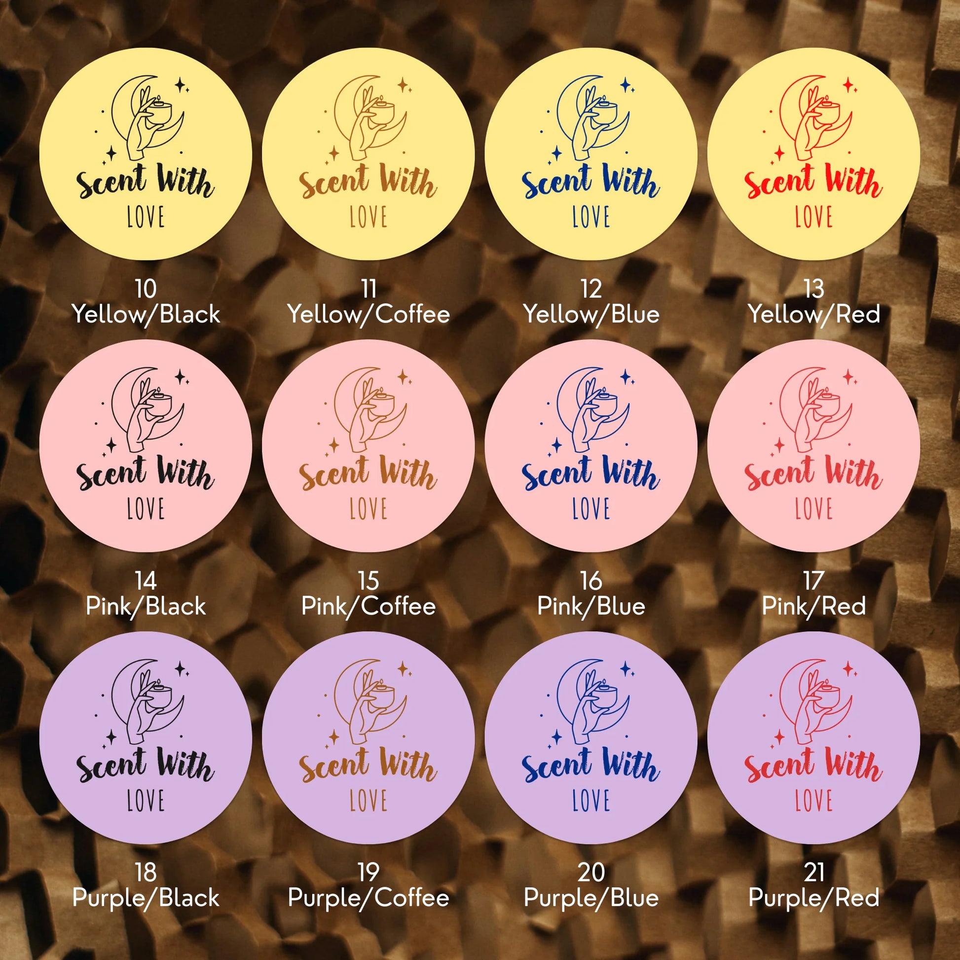 Varikit 2-inch round mystic candle hand 'Scent with Love' sticker in pastel color palette, small business must have