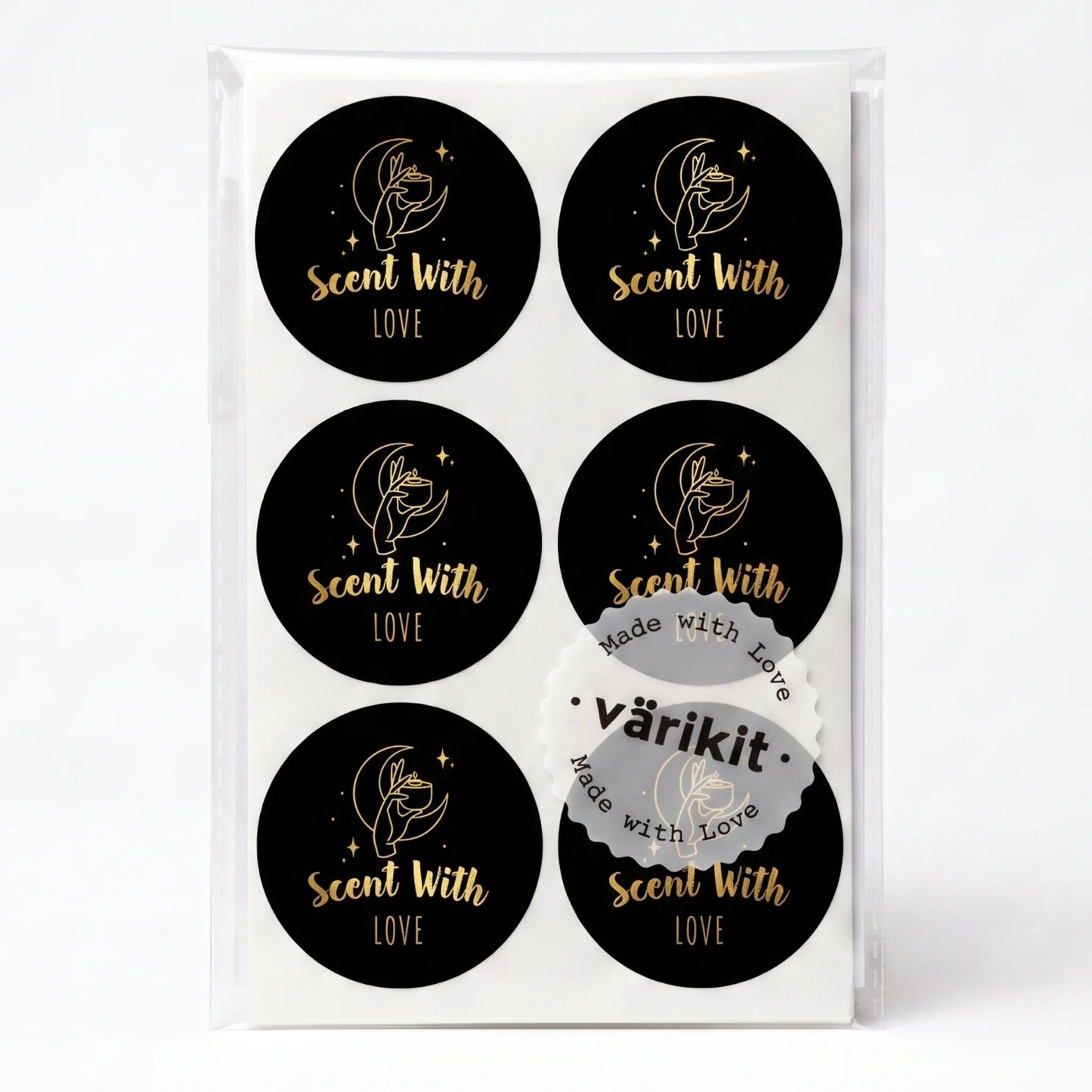Varikit 2-inch round mystic candle hand 'Scent with Love' sticker in black and gold foil, small business must have