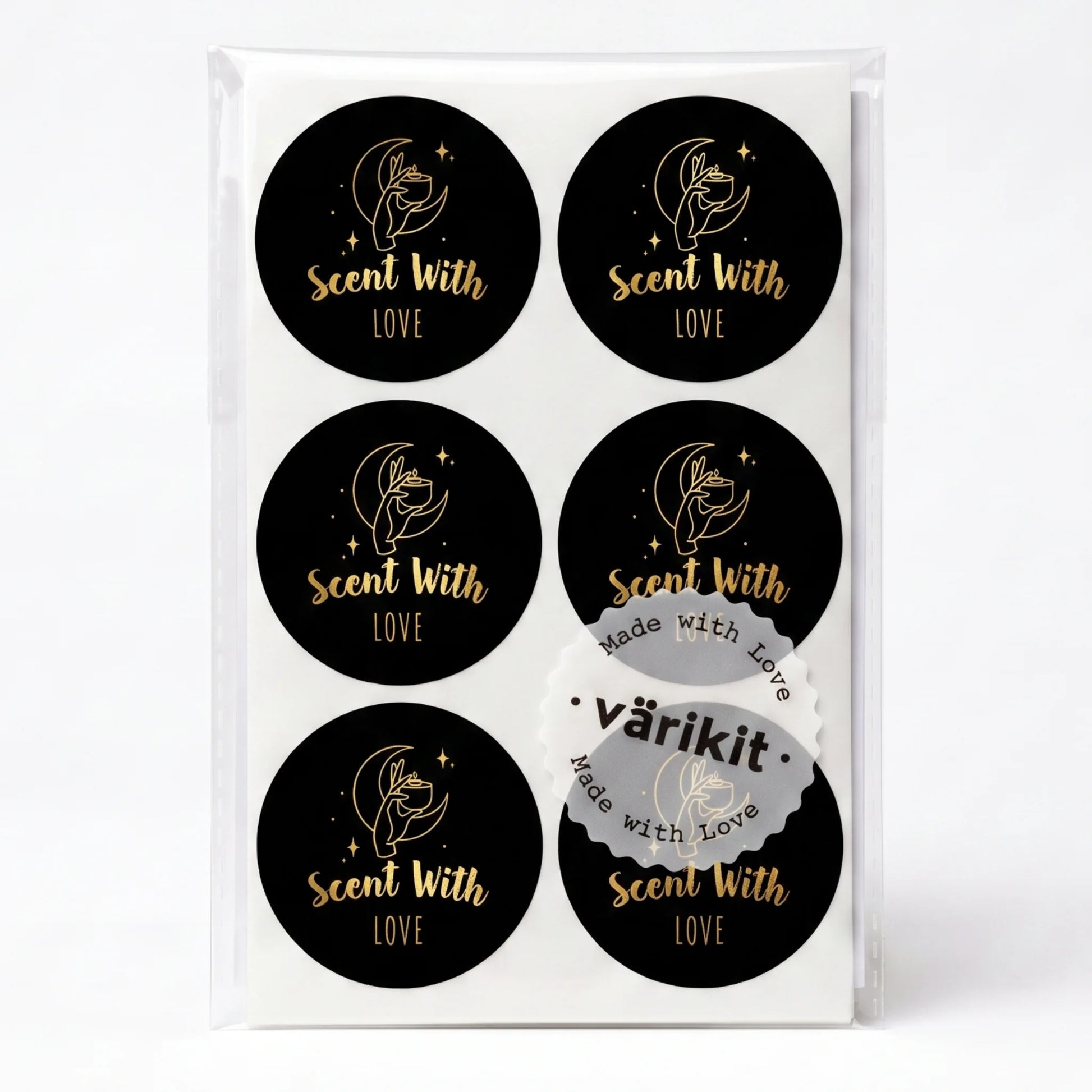 Varikit 2-inch round mystic candle hand 'Scent with Love' sticker in black and gold foil, small business must have