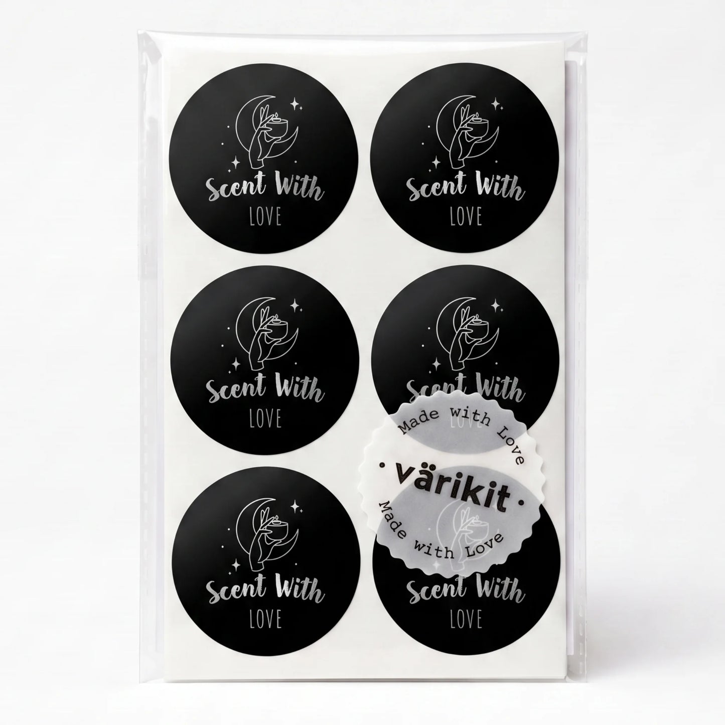 Varikit mystic candle hand 'Scent with Love' sticker in black and silver foil, 2-inch round, small business packaging essential