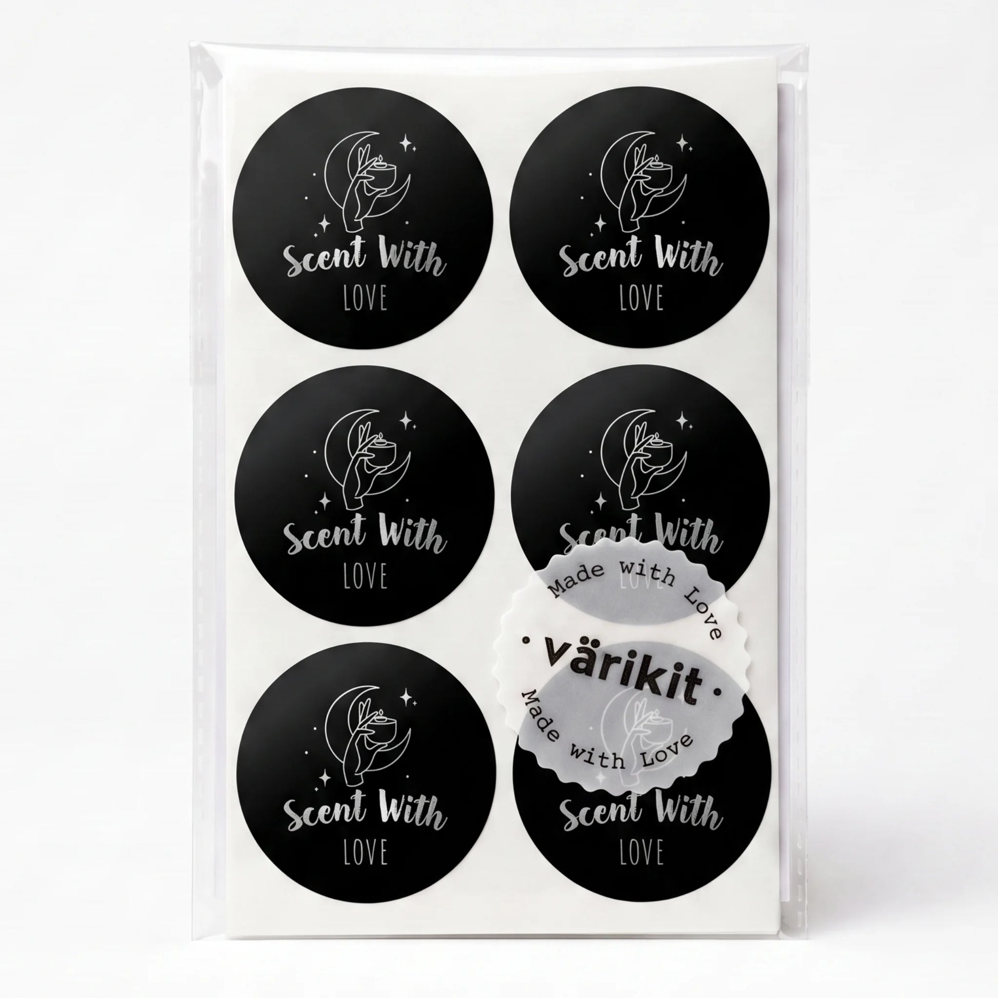 Varikit mystic candle hand 'Scent with Love' sticker in black and silver foil, 2-inch round, small business packaging essential