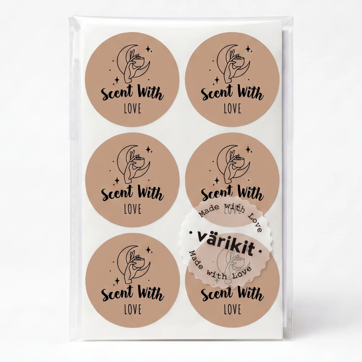 Varikit 2-inch round 'Scent with Love' sticker in brown and black, mystic candle hand, small business essential