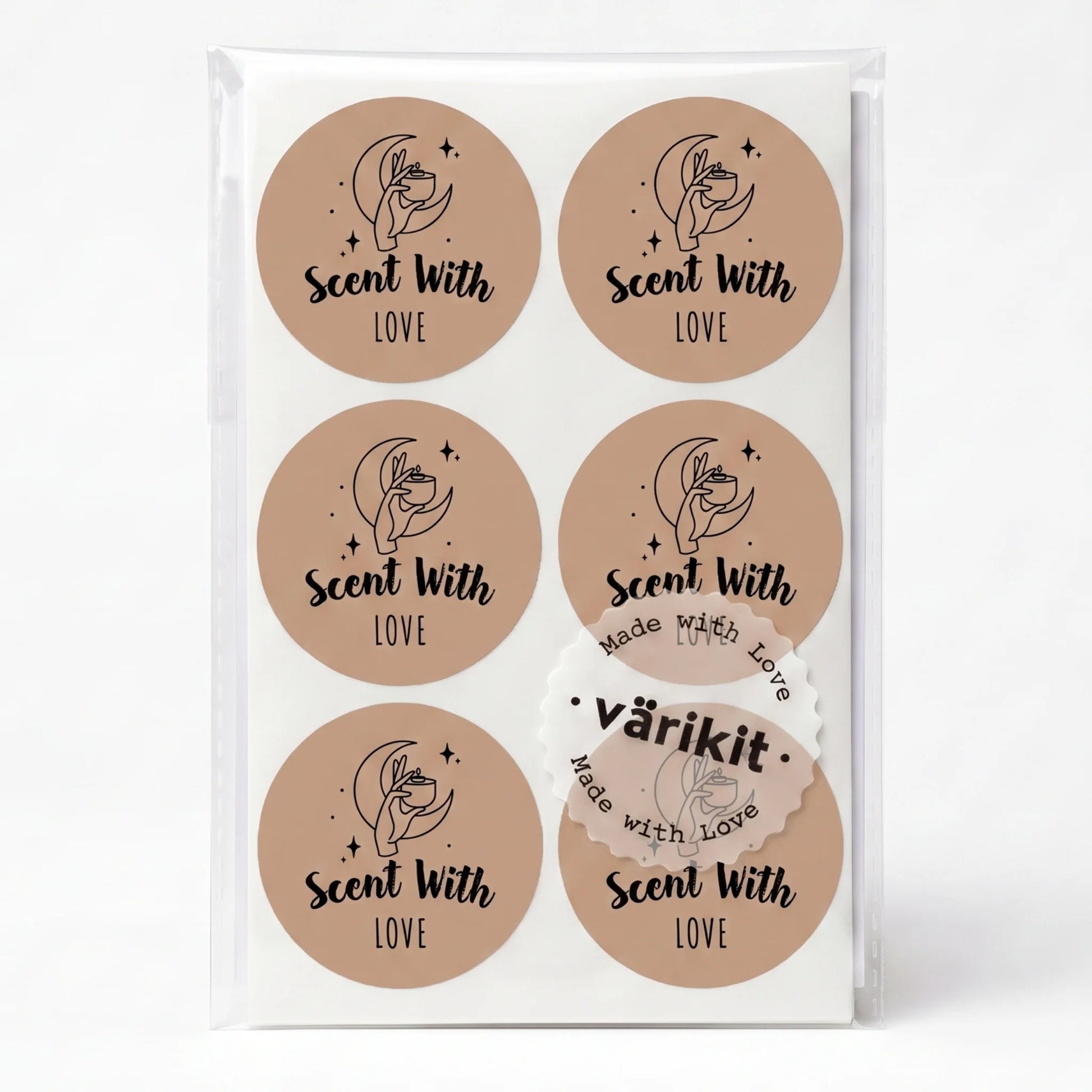 Varikit 2-inch round 'Scent with Love' sticker in brown and black, mystic candle hand, small business essential
