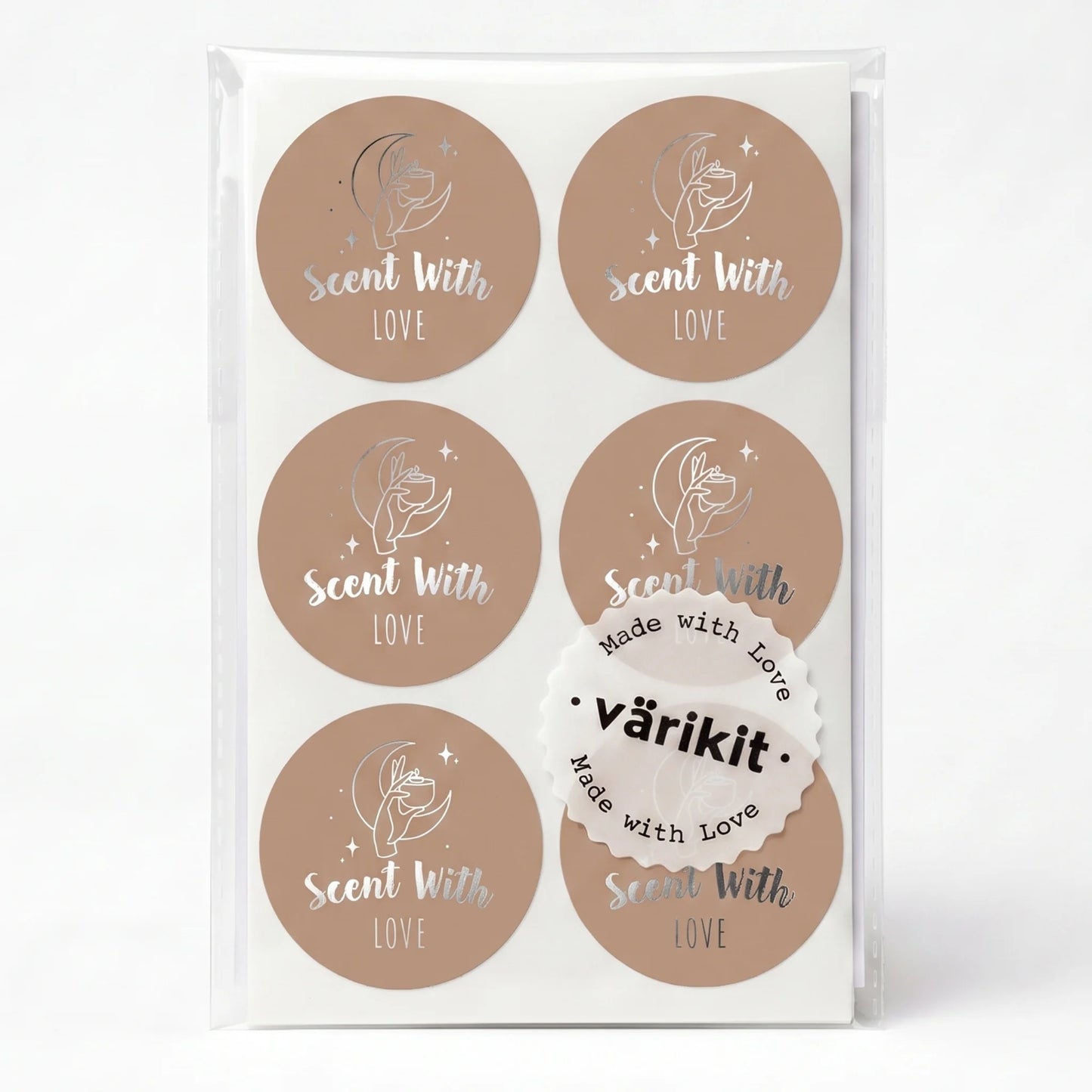 Varikit 2-inch round mystic candle hand 'Scent with Love' sticker in brown and silver foil, small business must have