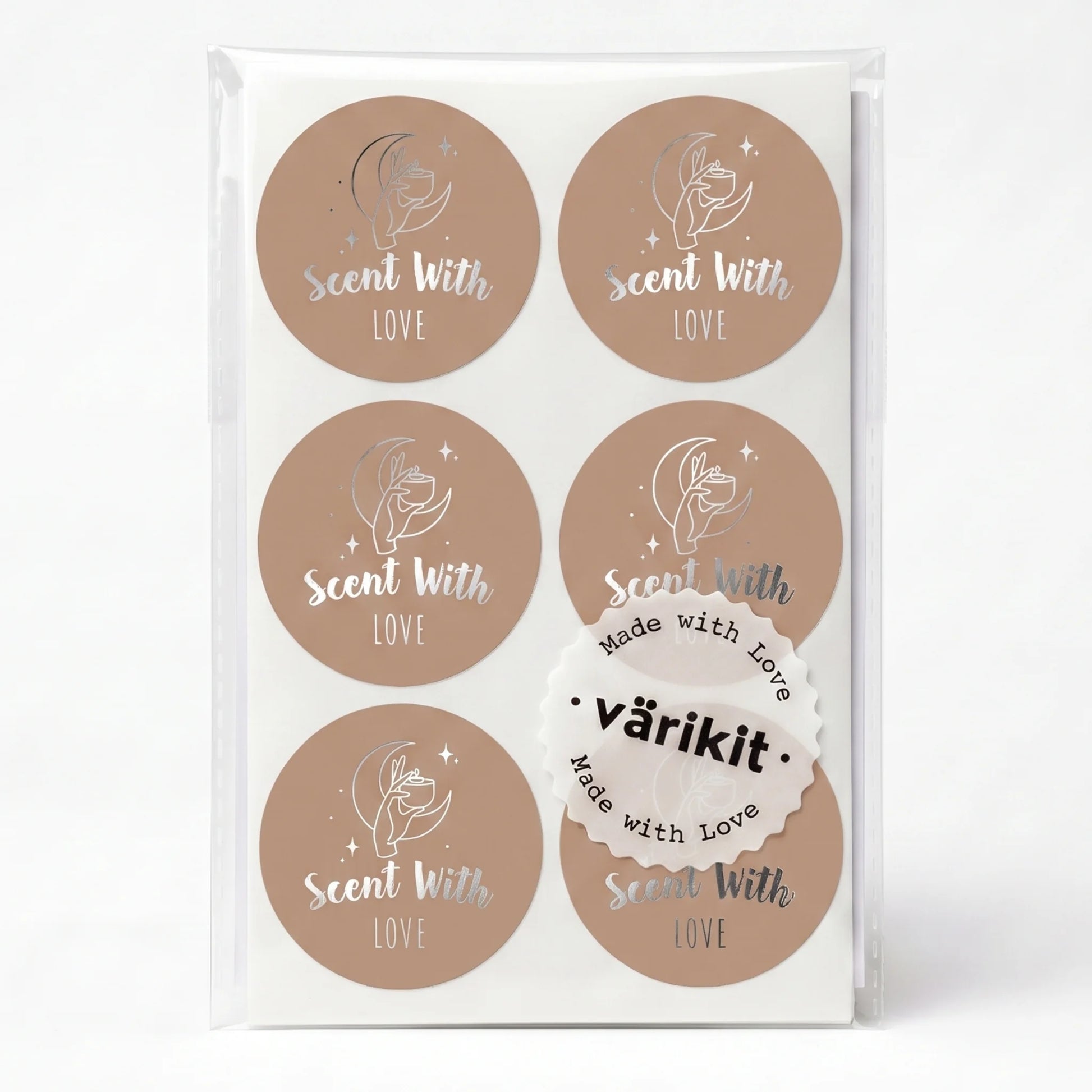 Varikit 2-inch round mystic candle hand 'Scent with Love' sticker in brown and silver foil, small business must have