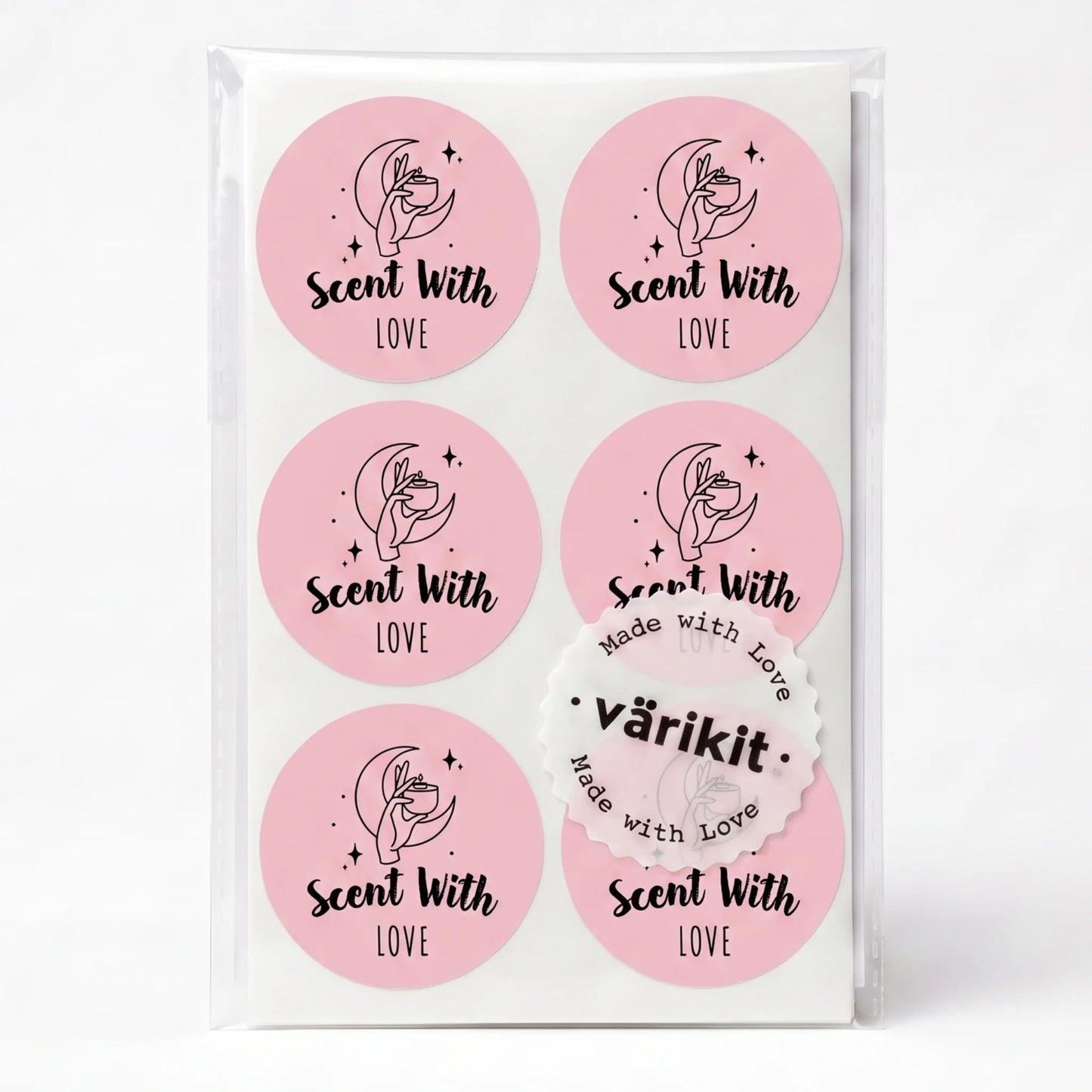 Varikit 2-inch round 'Scent with Love' sticker in pink and black, mystic candle hand, small business essential