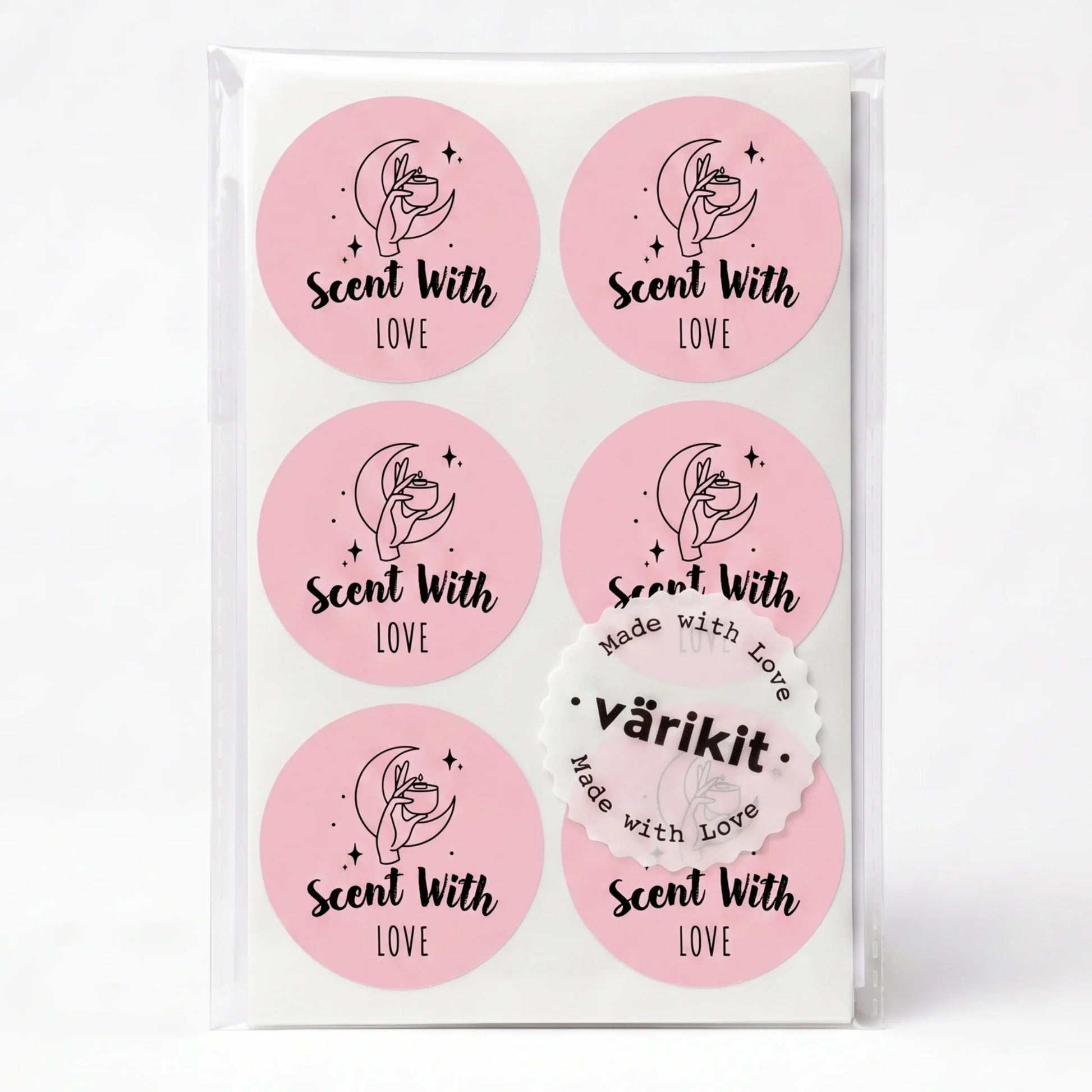 Varikit 2-inch round 'Scent with Love' sticker in pink and black, mystic candle hand, small business essential