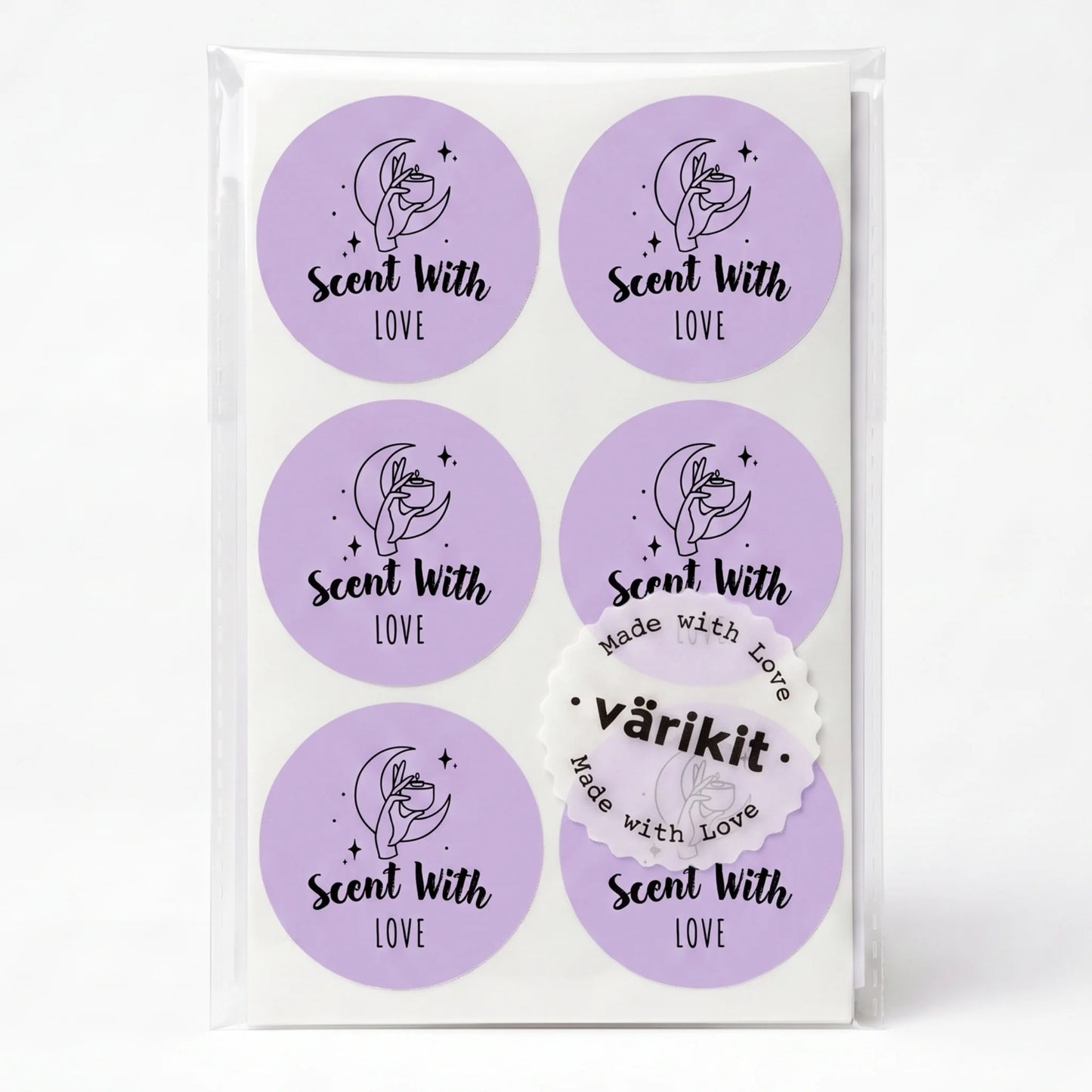 Varikit 2-inch round mystic candle hand 'Scent with Love' sticker in purple and black, small business must have