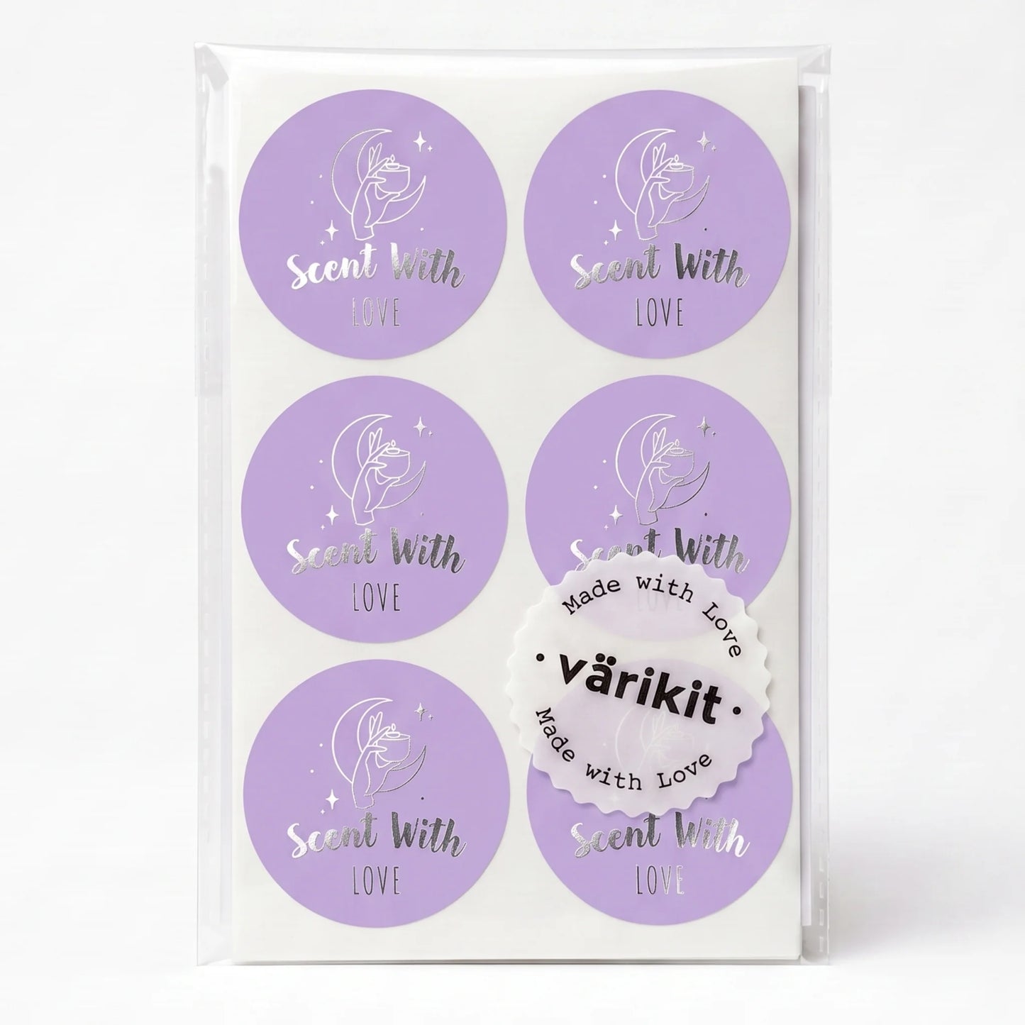 Varikit mystic candle hand 'Scent with Love' sticker in purple and silver foil, 2-inch round, small business packaging essential