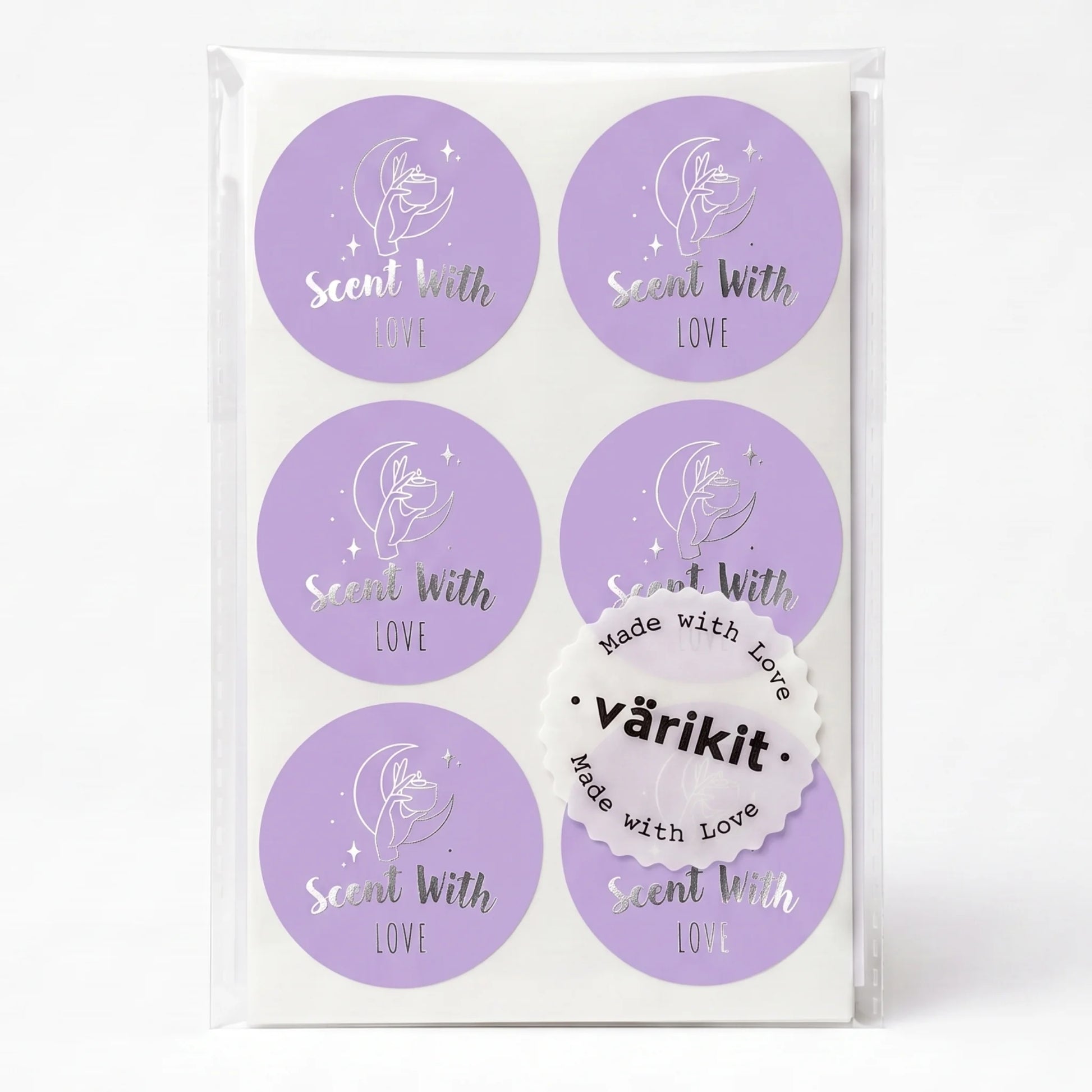 Varikit mystic candle hand 'Scent with Love' sticker in purple and silver foil, 2-inch round, small business packaging essential
