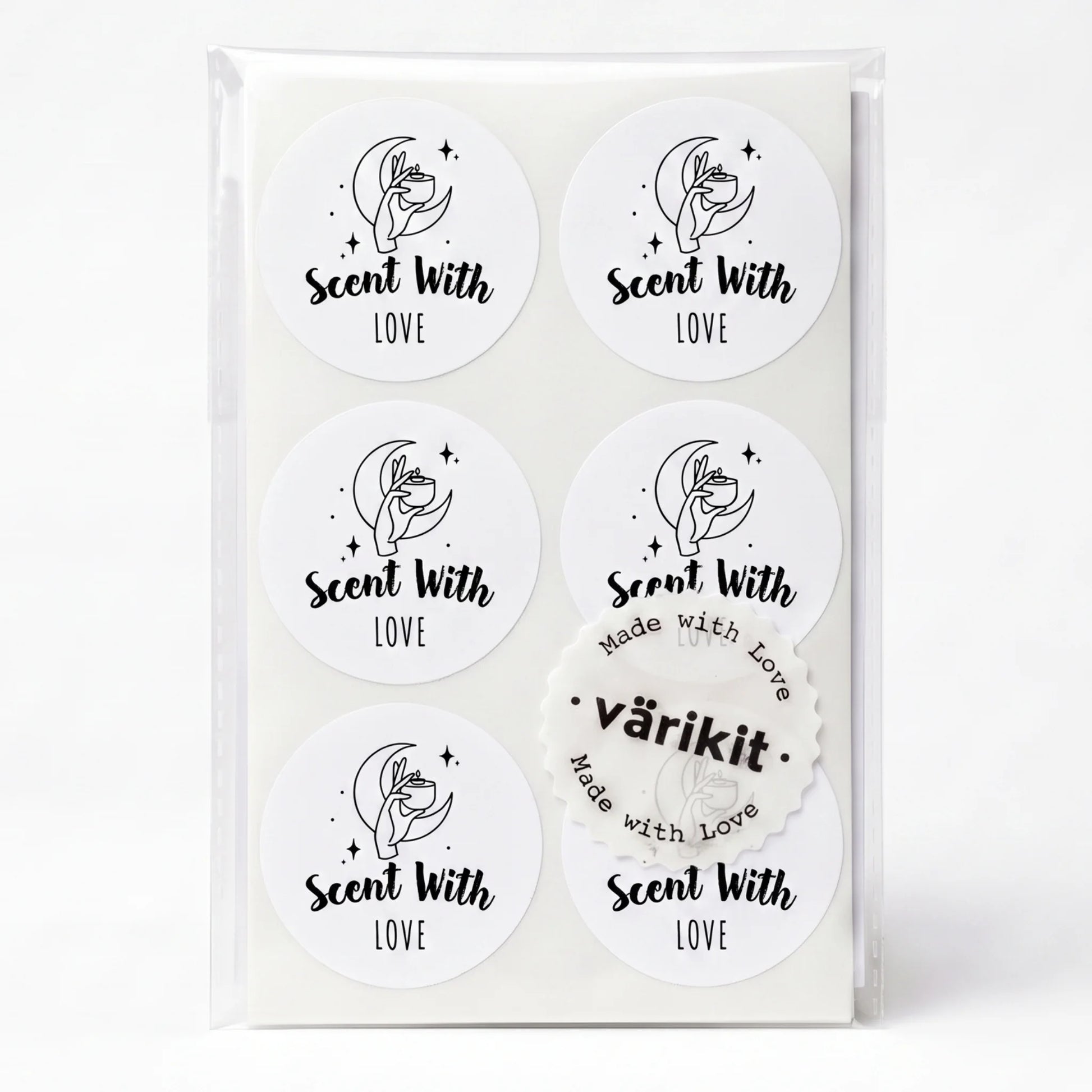 Varikit mystic candle hand 'Scent with Love' sticker in white and black, 2-inch round, small business packaging essential