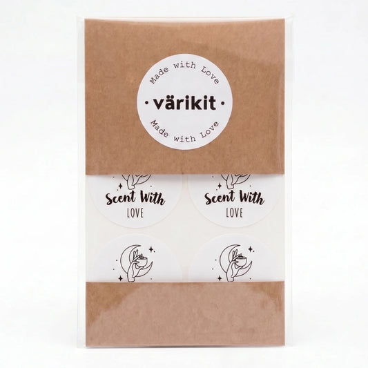 Varikit mystic candle hand 'Scent with Love' sticker in white and black, 2-inch round, small business packaging essential
