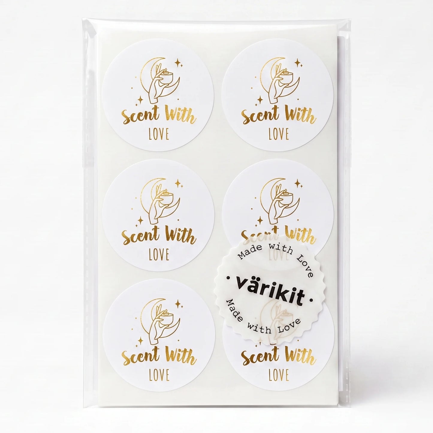 Varikit 2-inch round 'Scent with Love' sticker in white and gold foil, mystic candle hand, small business essential