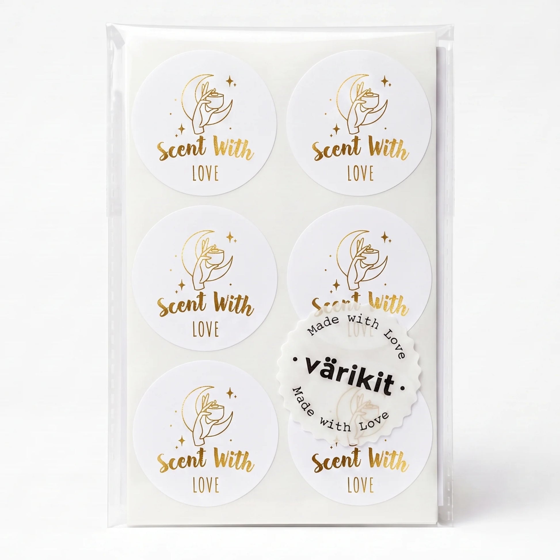 Varikit 2-inch round 'Scent with Love' sticker in white and gold foil, mystic candle hand, small business essential