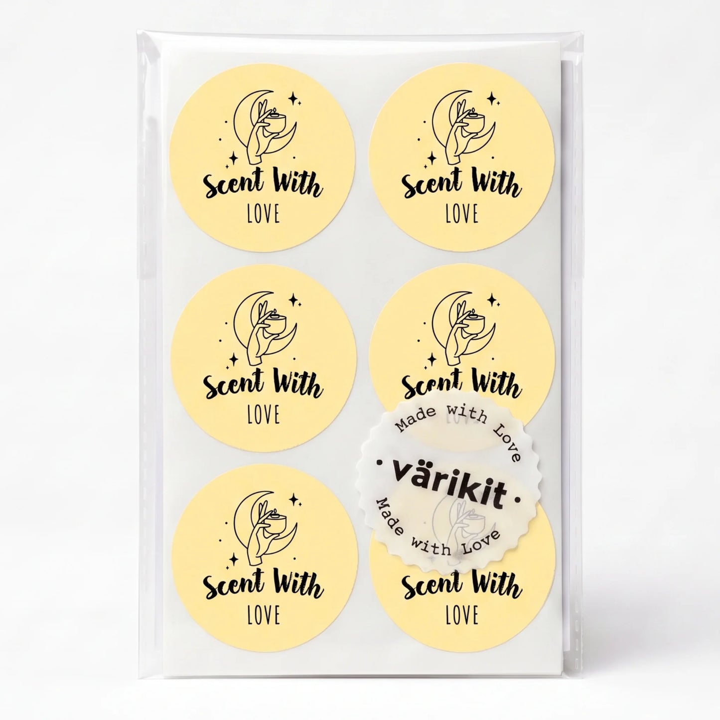 Varikit mystic candle hand 'Scent with Love' sticker in yellow and black, 2-inch round, small business packaging essential