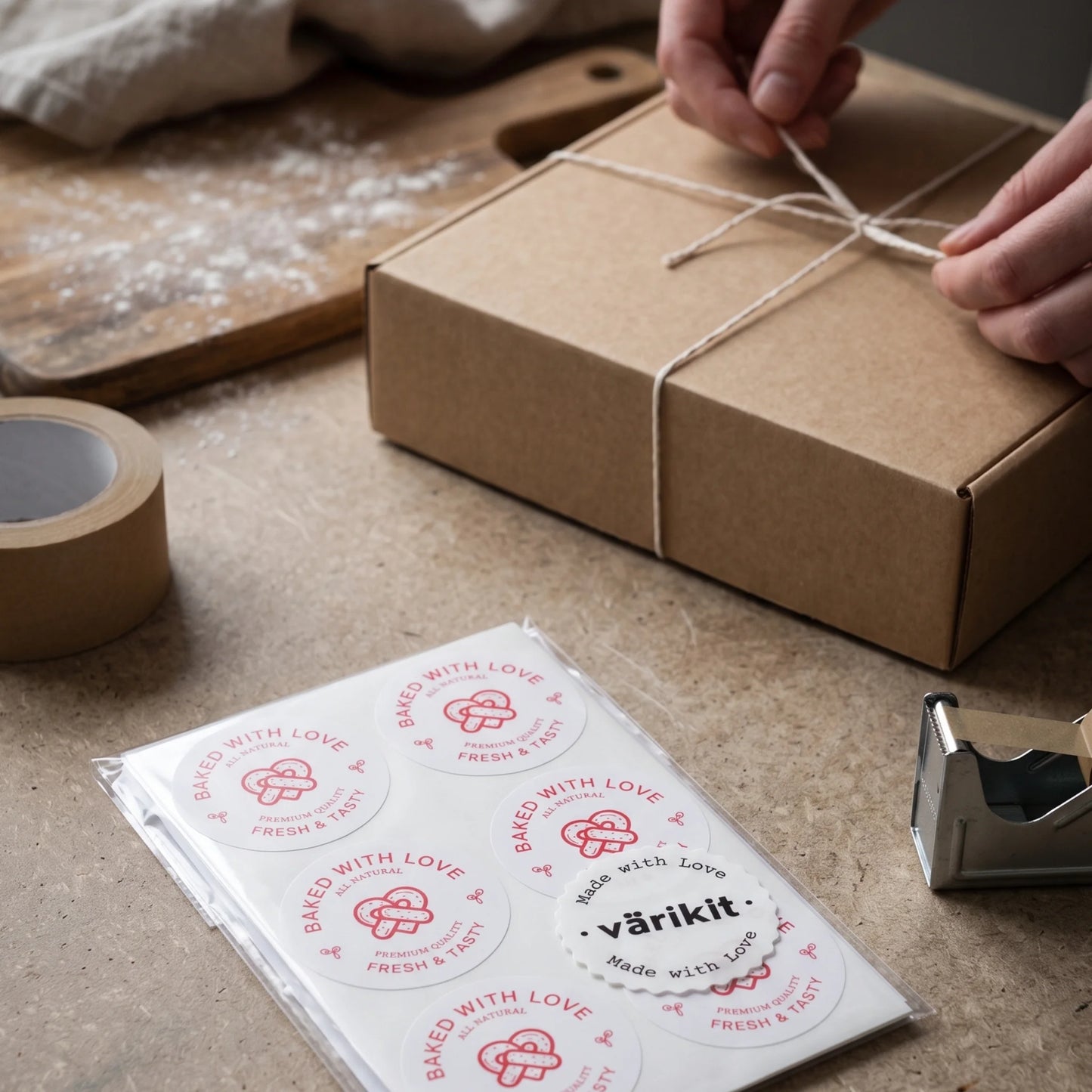 Clean minimalist style giving artisan shop packaging a distinct minimal identity.