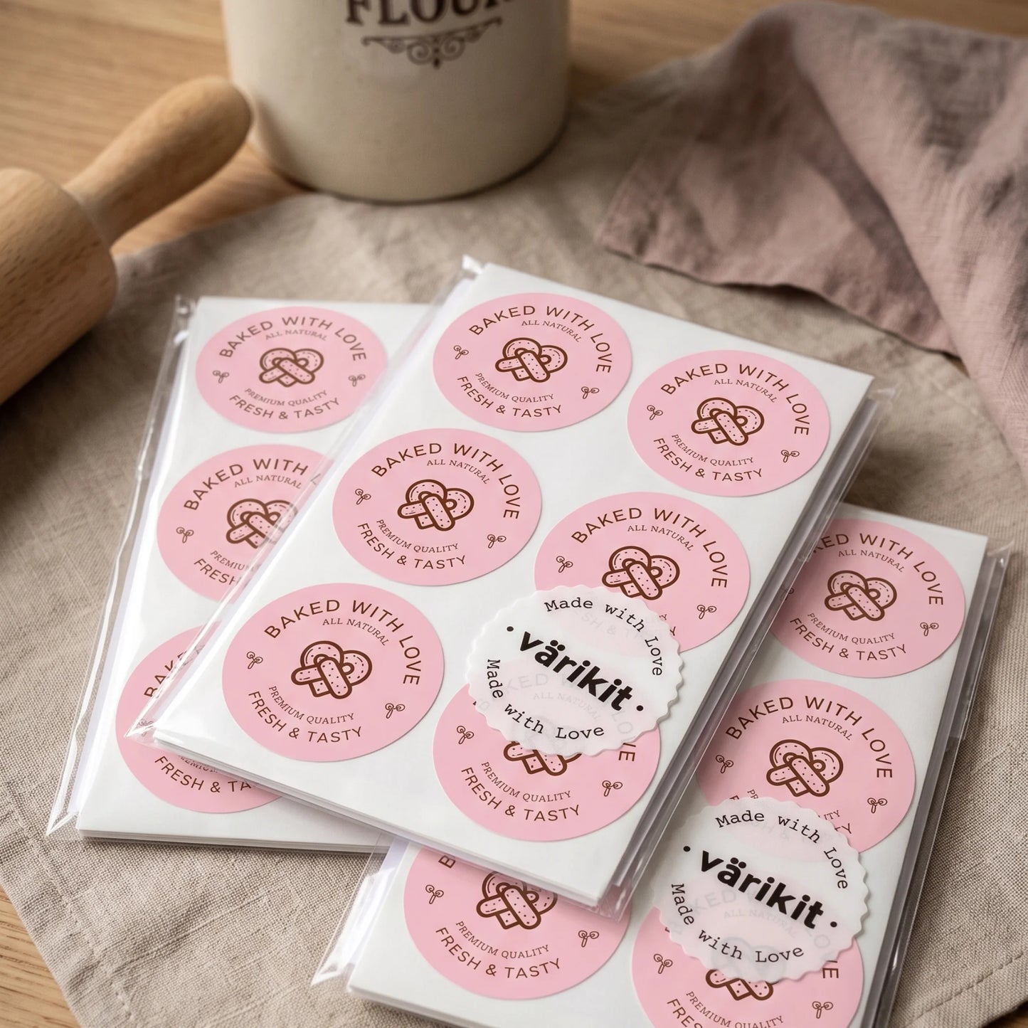 A 2-inch matte paper sticker designed for independent bakers during order fulfillment.