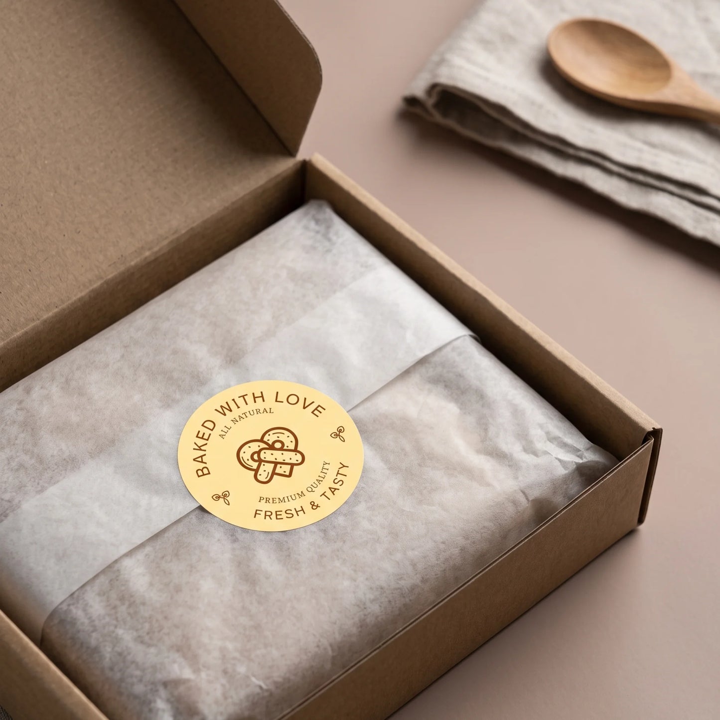 Add a minimalist Baked With Love detail to standard crafted treat packaging.