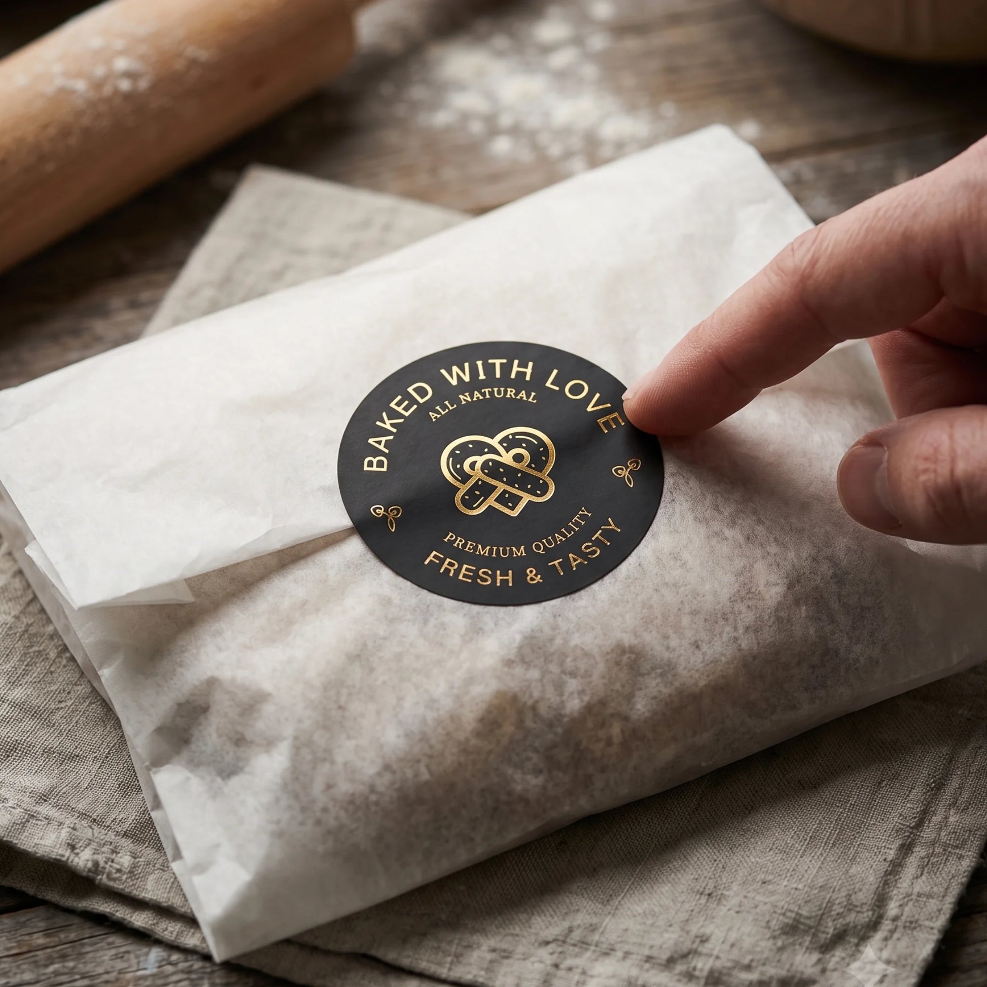 Round paper seal marking artisan orders with a distinct minimal identity.