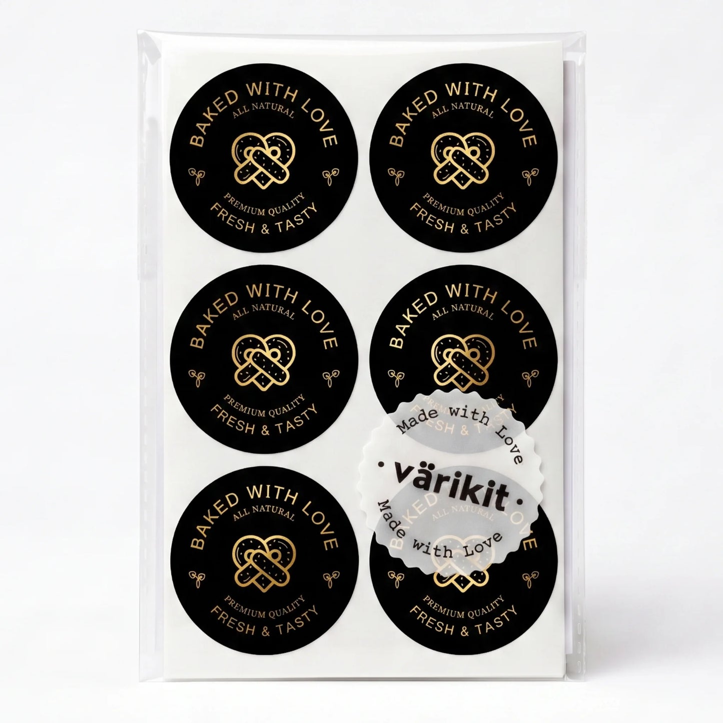 gold foil on black paper, 2-inch round bakery packaging, pretzel illustration with wheat sprigs.