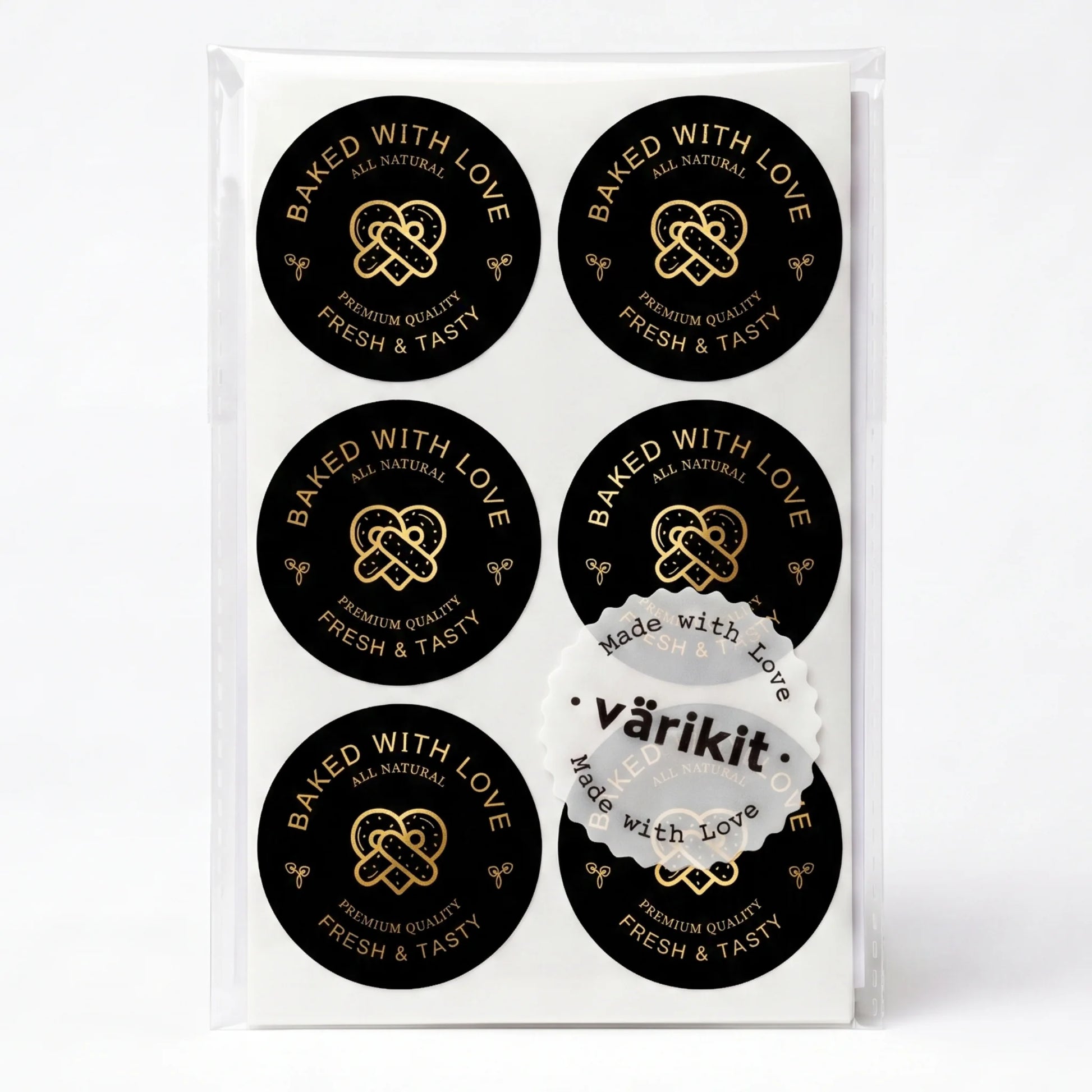 gold foil on black paper, 2-inch round bakery packaging, pretzel illustration with wheat sprigs.