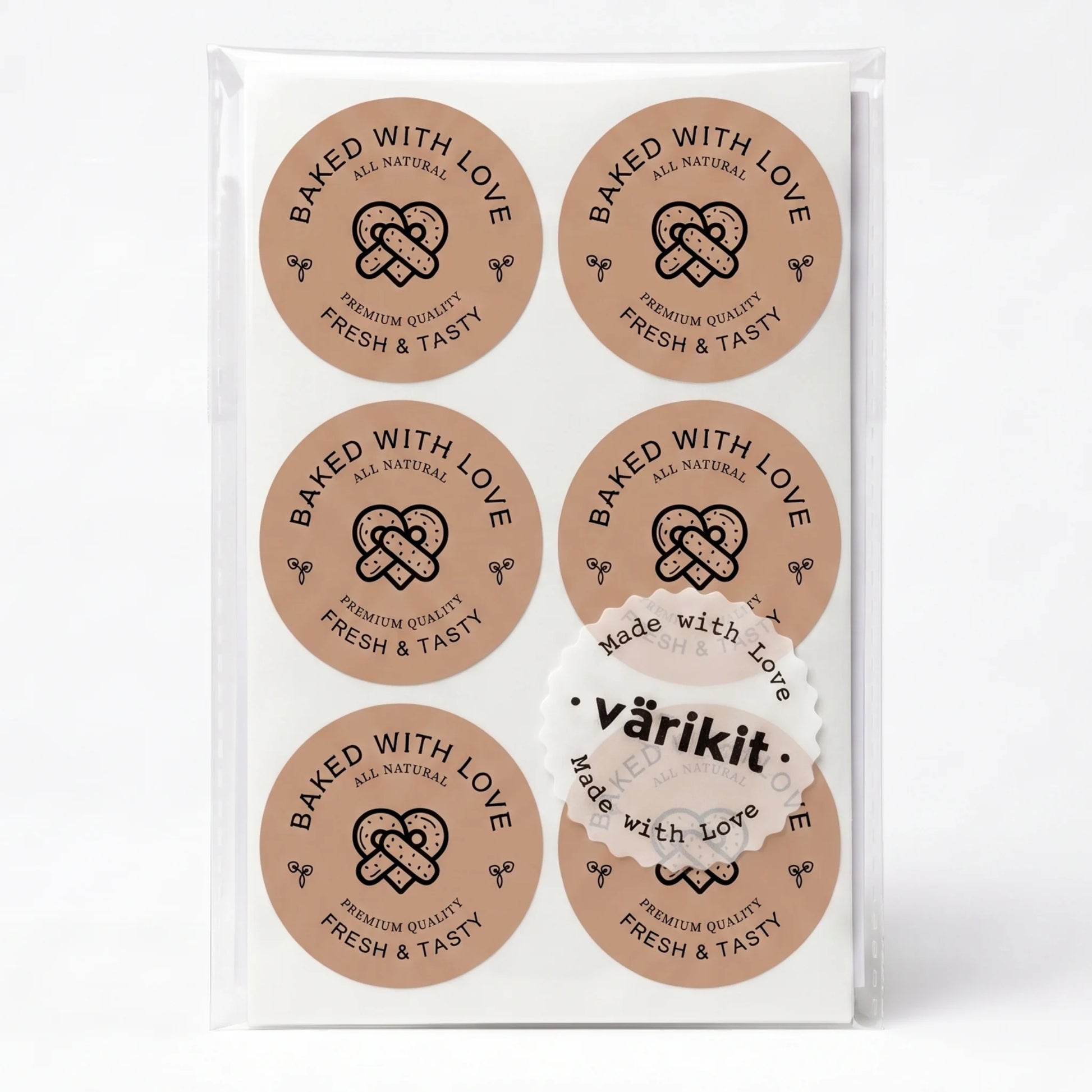 black ink on brown paper, 2-inch round bakery packaging, fresh and tasty seal.