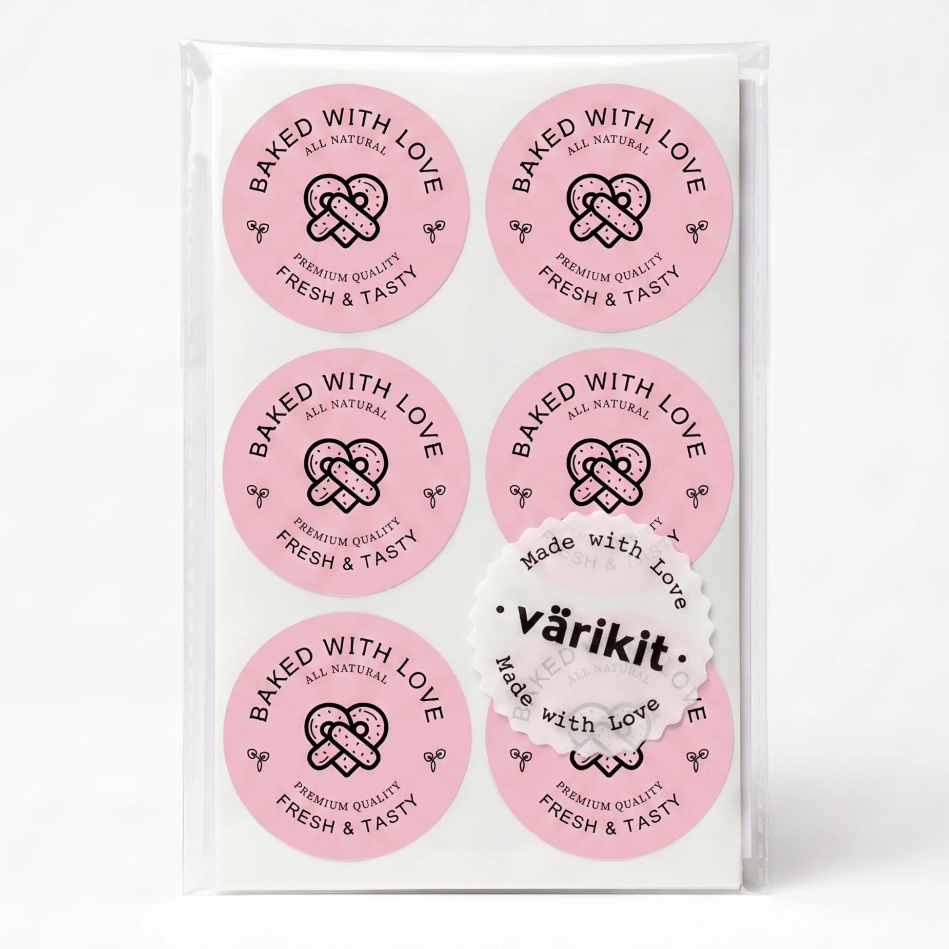 black ink on pink paper, 2-inch round food packaging, pretzel illustration with wheat sprigs.