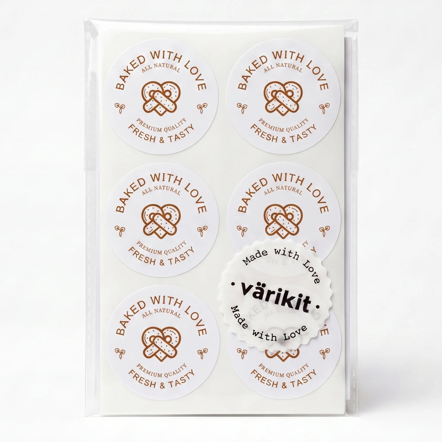 coffee ink on white paper, 2-inch round food packaging, fresh and tasty seal.